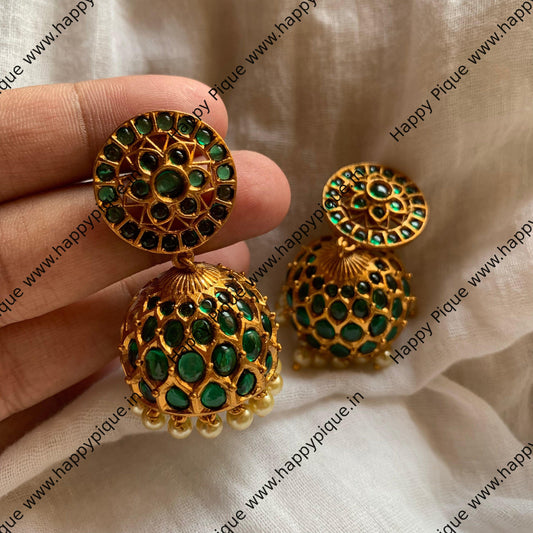 Matte Flower Real Kemp Jhumkas - Green