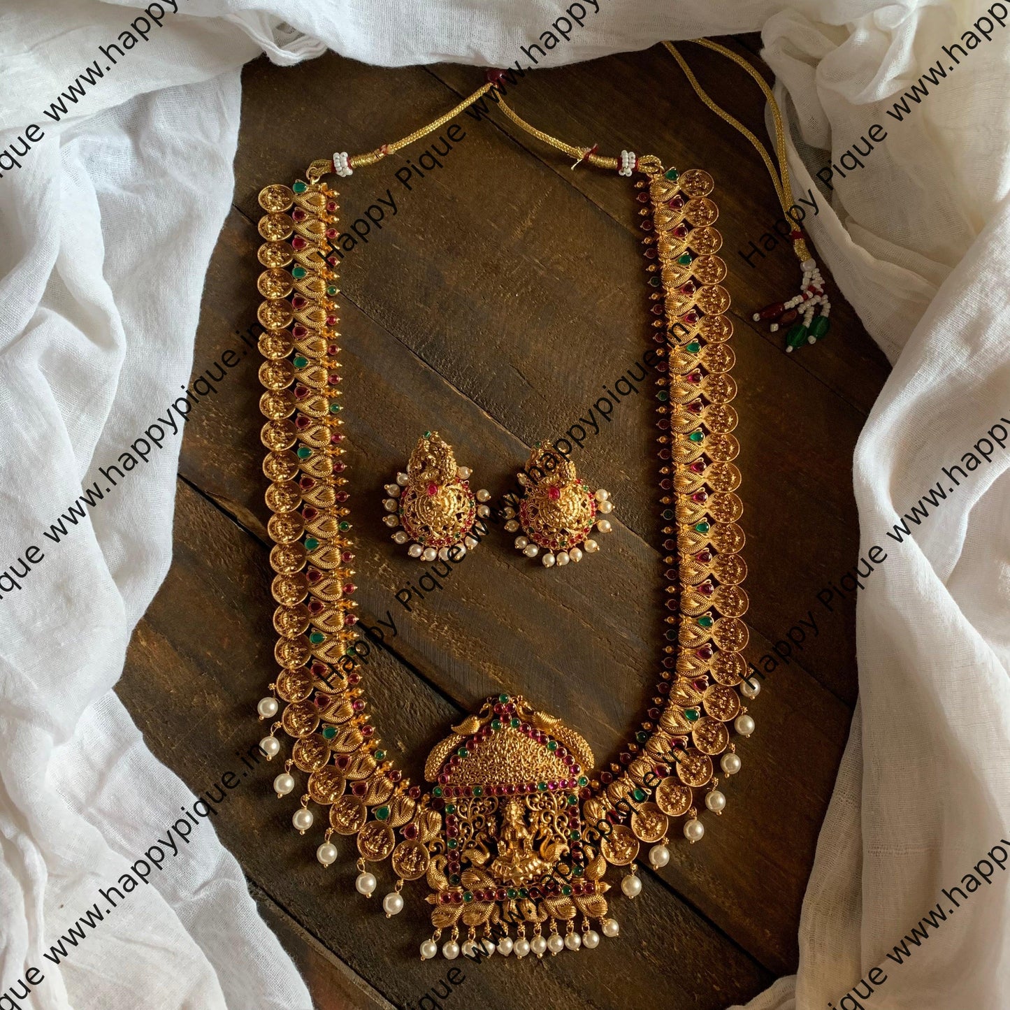 Traditional Mahalakshmi Bridal Antique Coin Haaram Necklace Set - Happy Pique