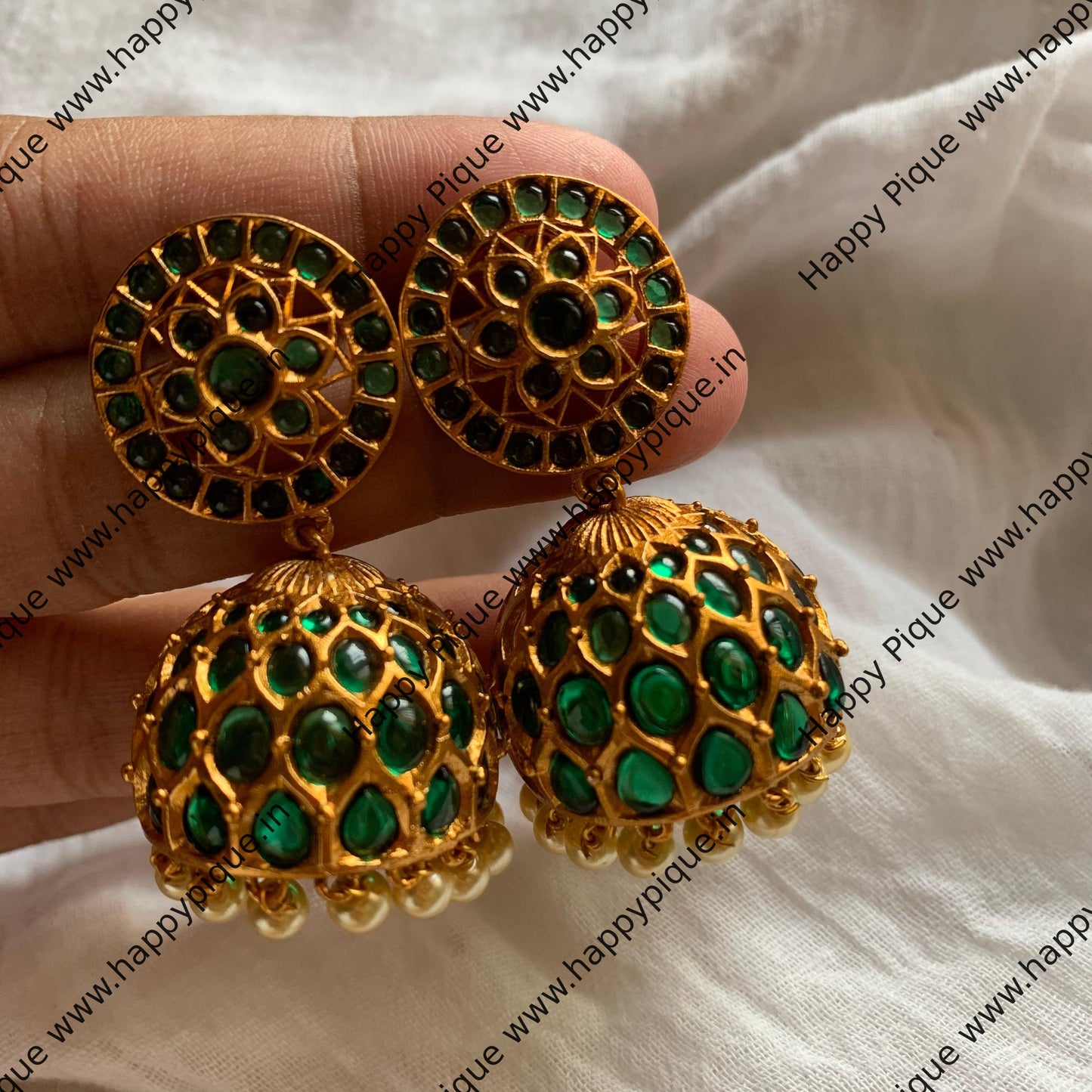 Matte Flower Real Kemp Jhumkas - Green