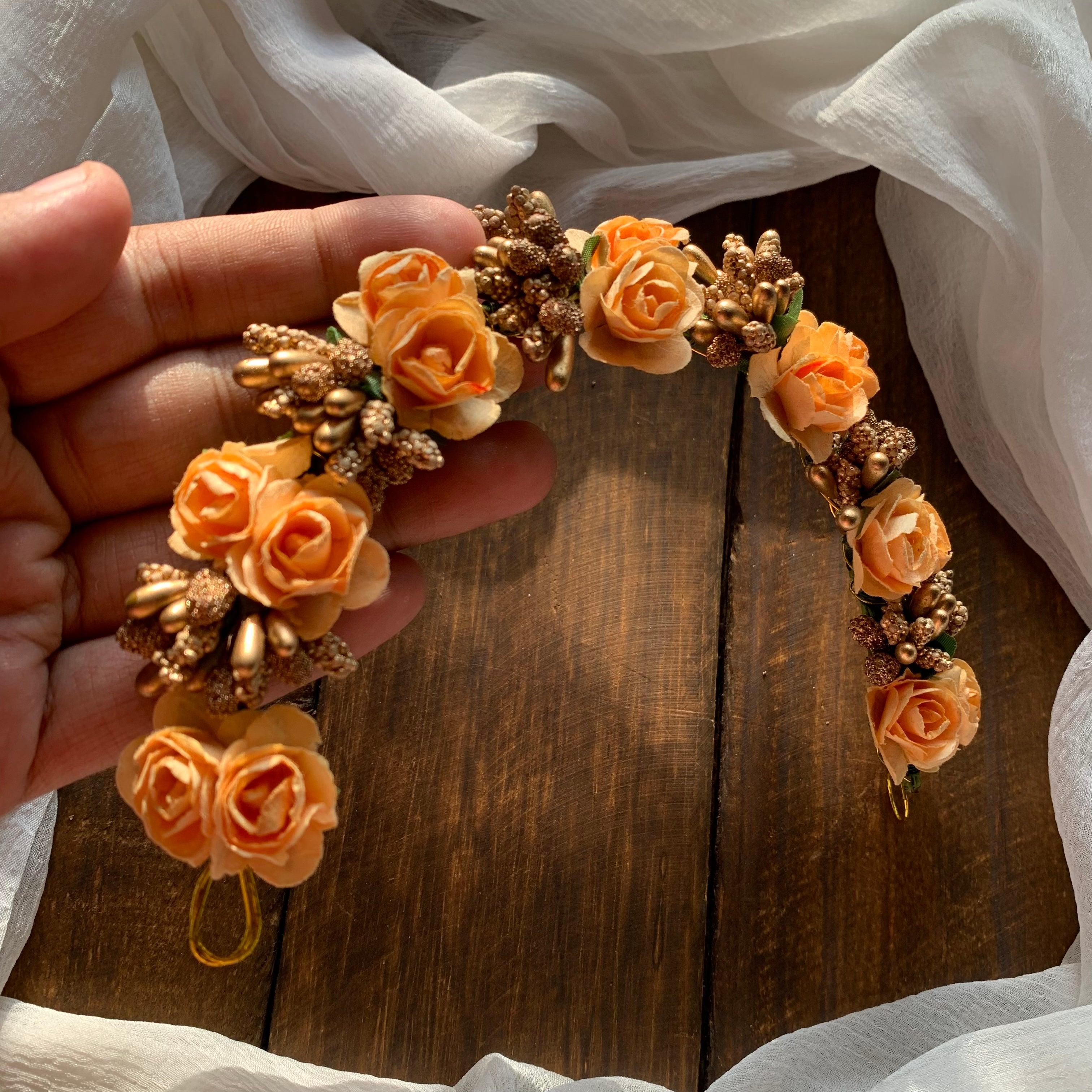 Flexible Double Rose Bridal Hair Bun Artificial Flower Accessory - Pastel Orange - Happy Pique 