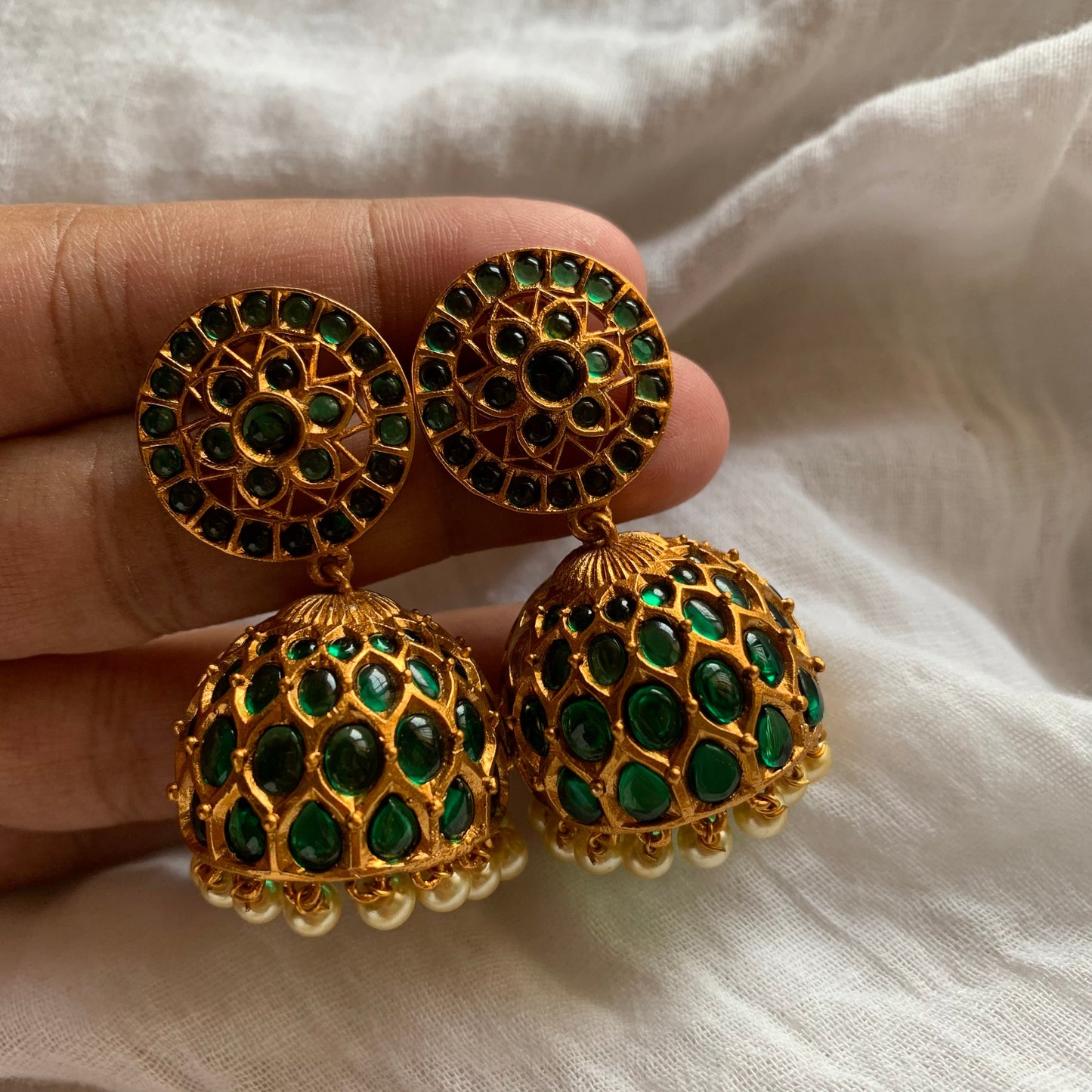 Matte Flower Real Kemp Jhumkas - Green