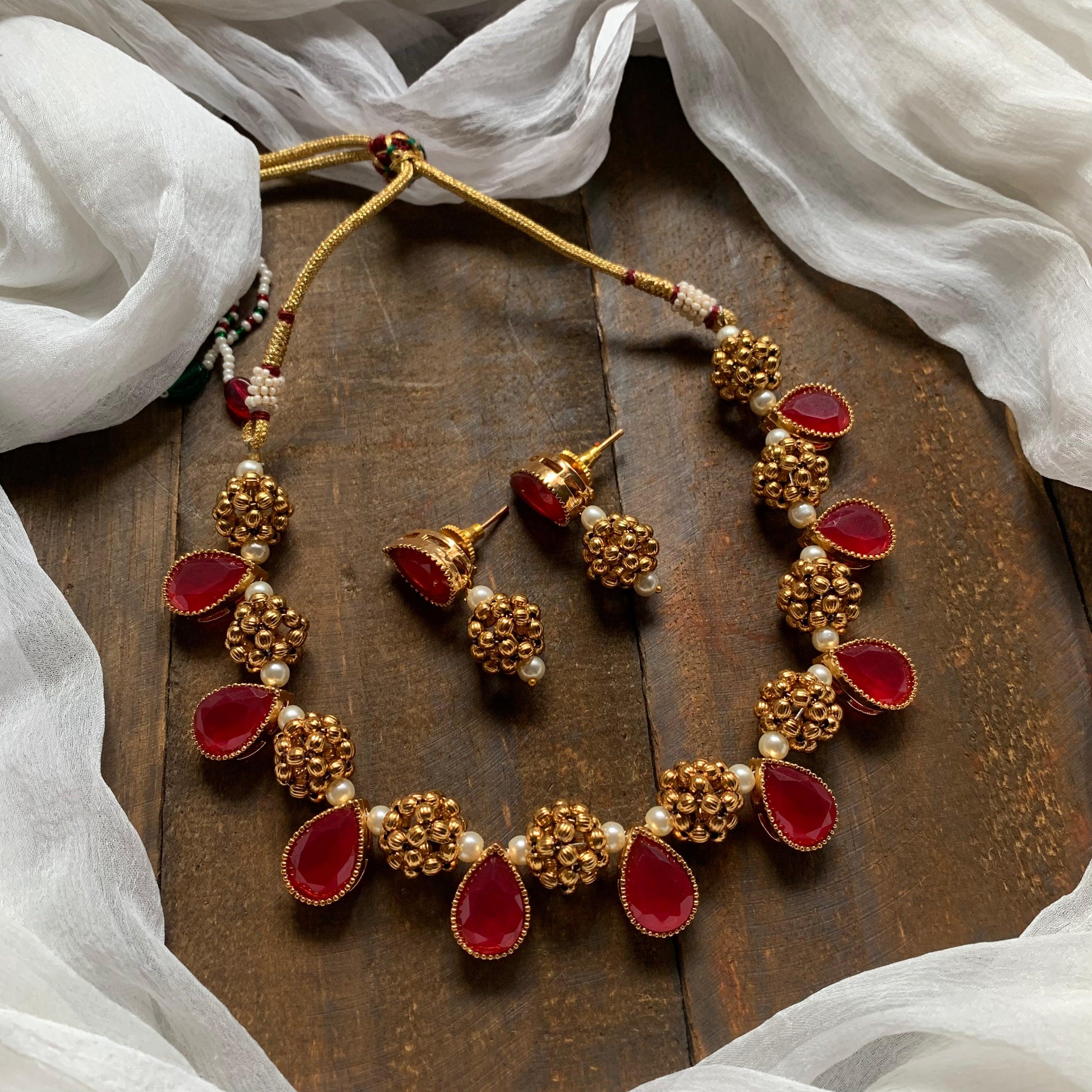 Gold Thushi Balls Tilak Stone Necklace - Red - Happy Pique 