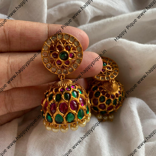 Real Kemp Matte Flower Jhumkas - Red, Green & white