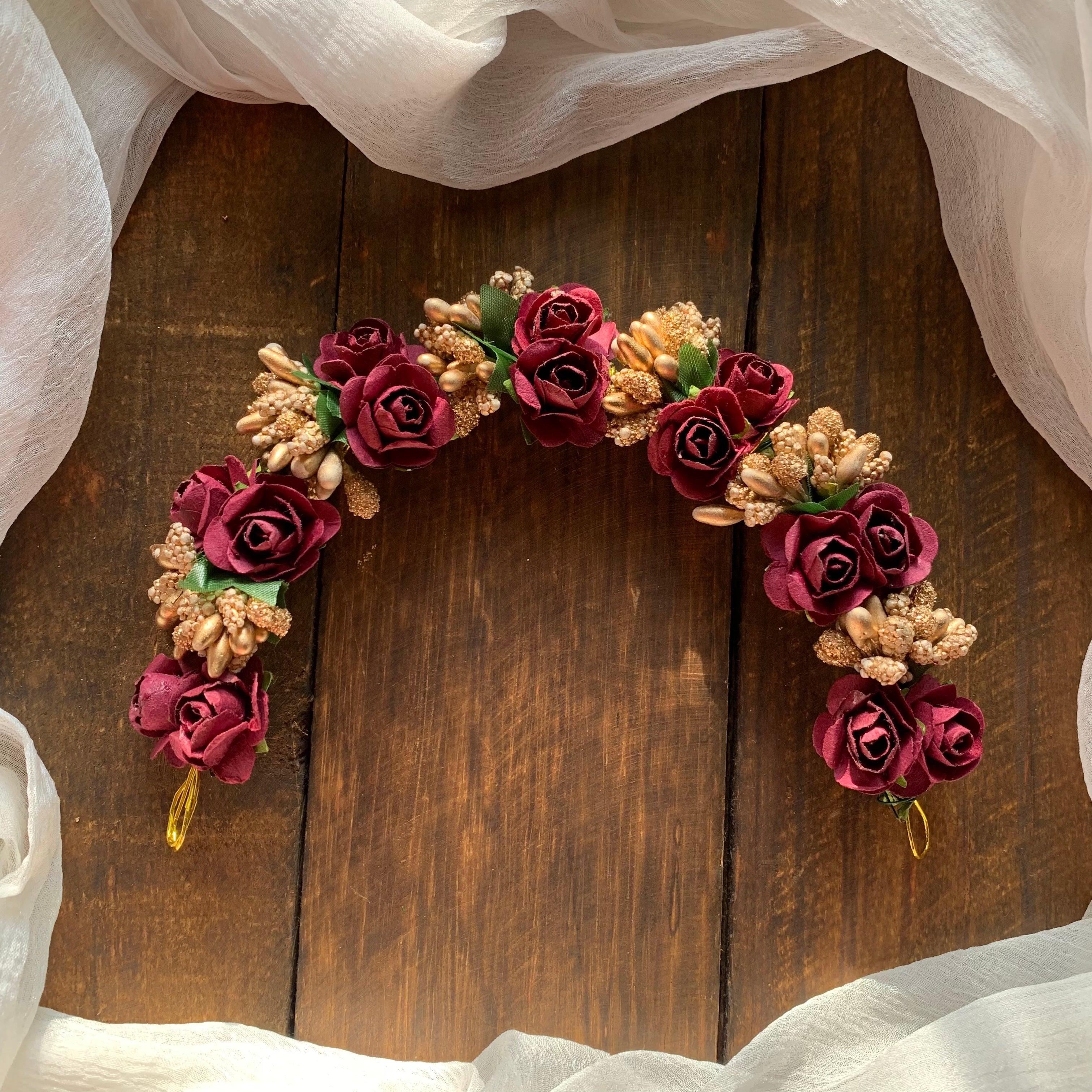 Flexible Double Rose Bridal Hair Bun Artificial Flower Accessory - Maroon - Happy Pique 