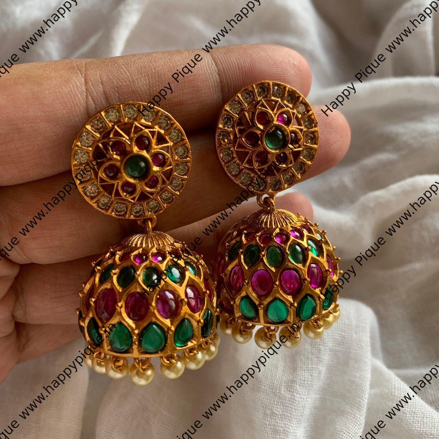 Real Kemp Matte Flower Jhumkas - Red, Green & white