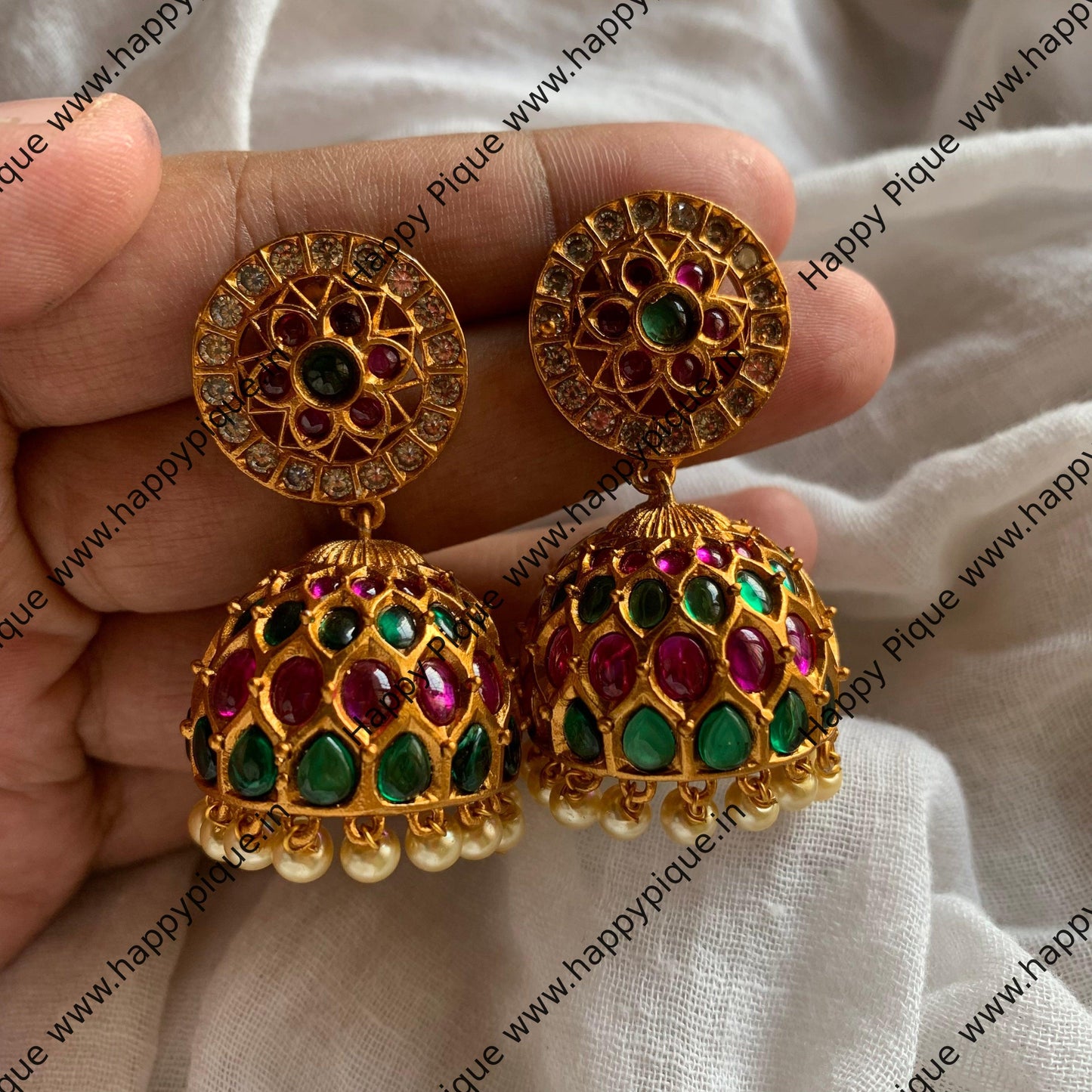 Real Kemp Matte Flower Jhumkas - Red, Green & white