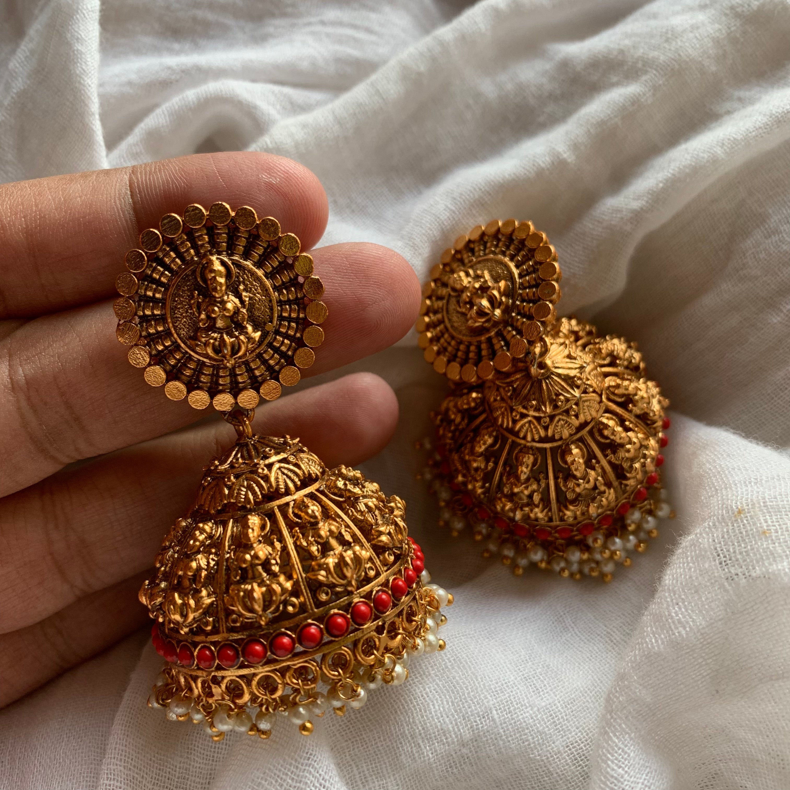 Matte Mahalakshmi Coin Bridal Jhumkas - Coral