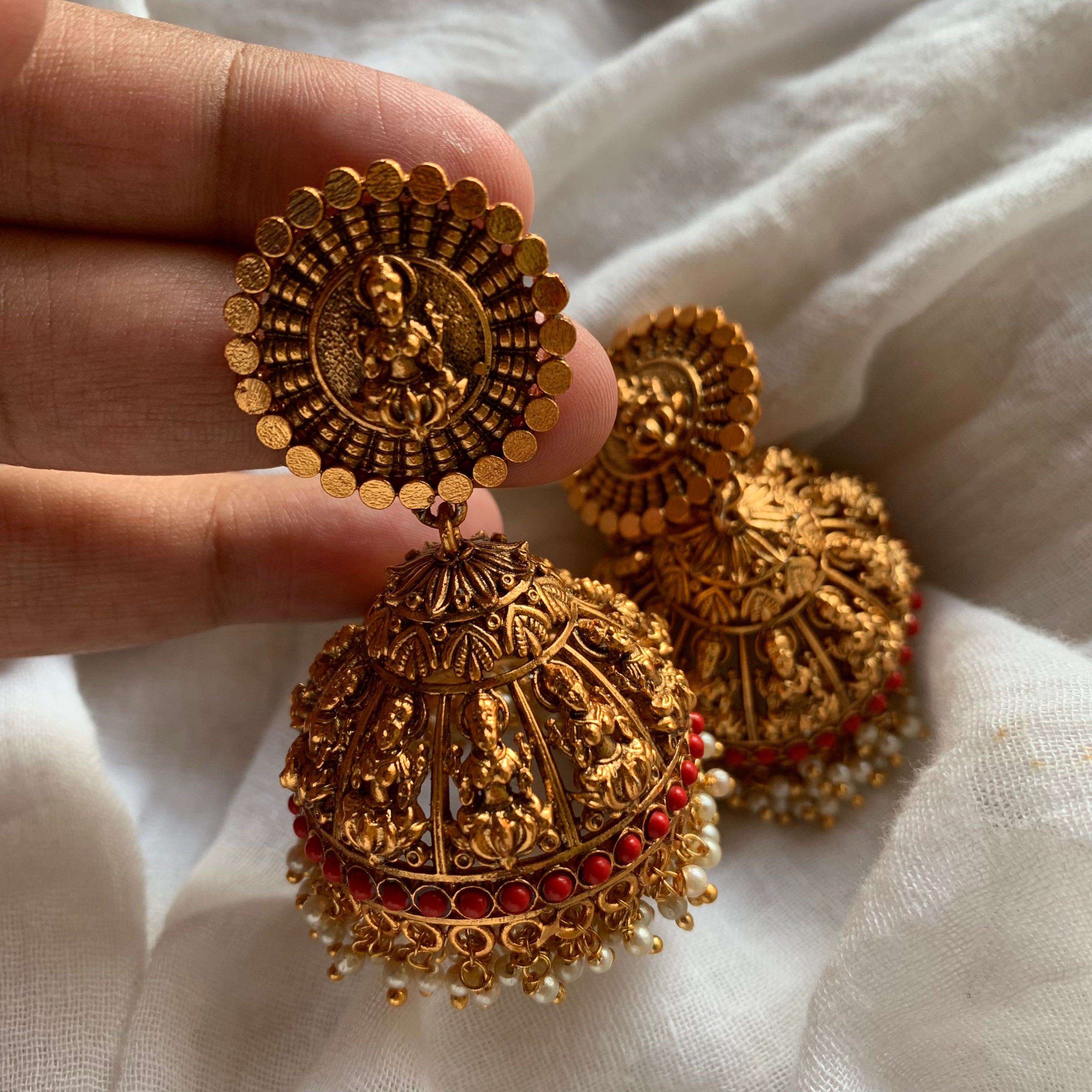 Matte Mahalakshmi Coin Bridal Jhumkas - Coral