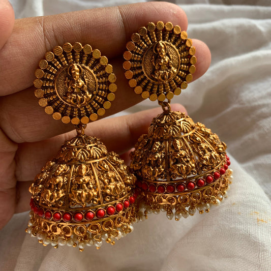 Matte Mahalakshmi Coin Bridal Jhumkas - Coral