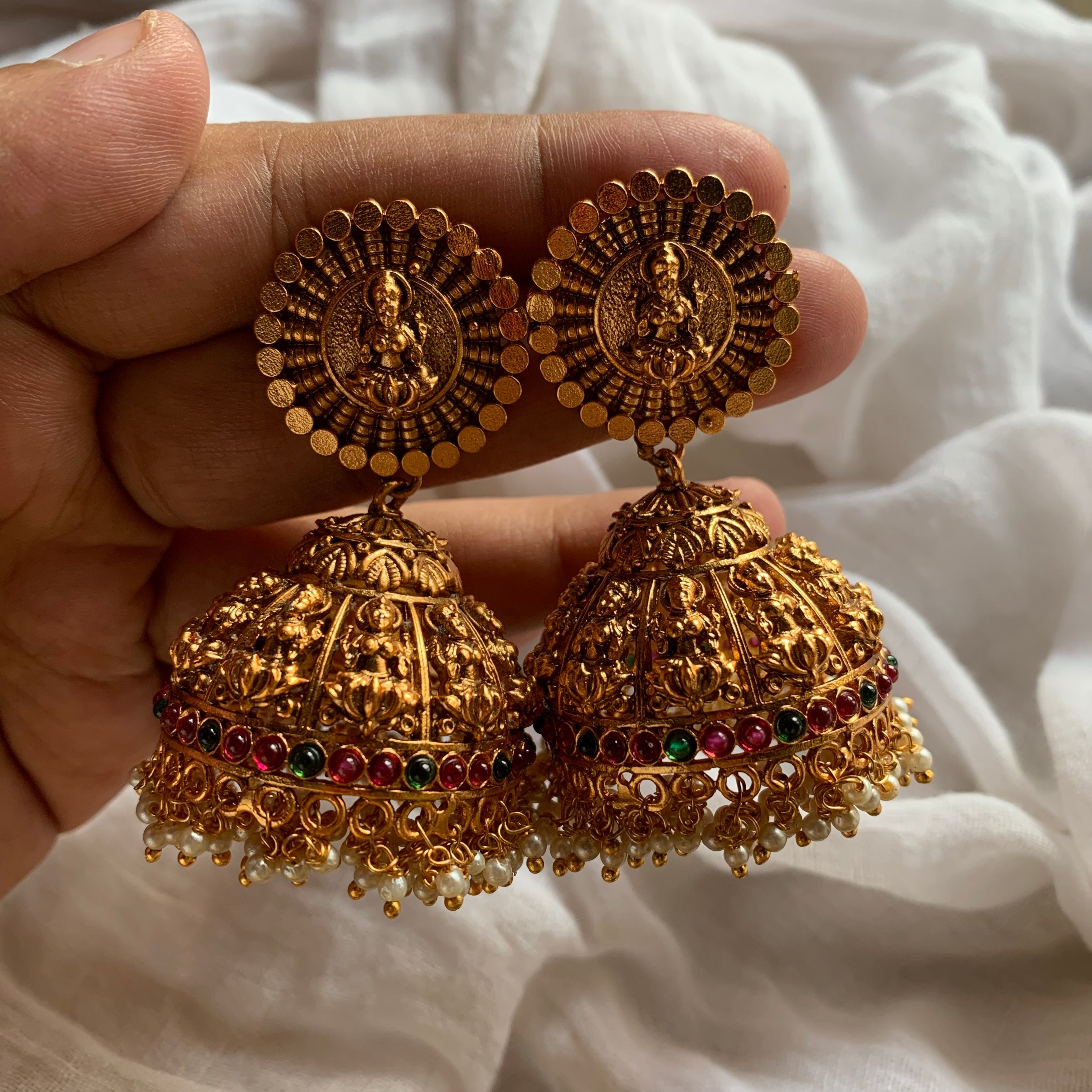 Matte Mahalakshmi Coin Bridal Jhumkas - Kemp - Red & Green