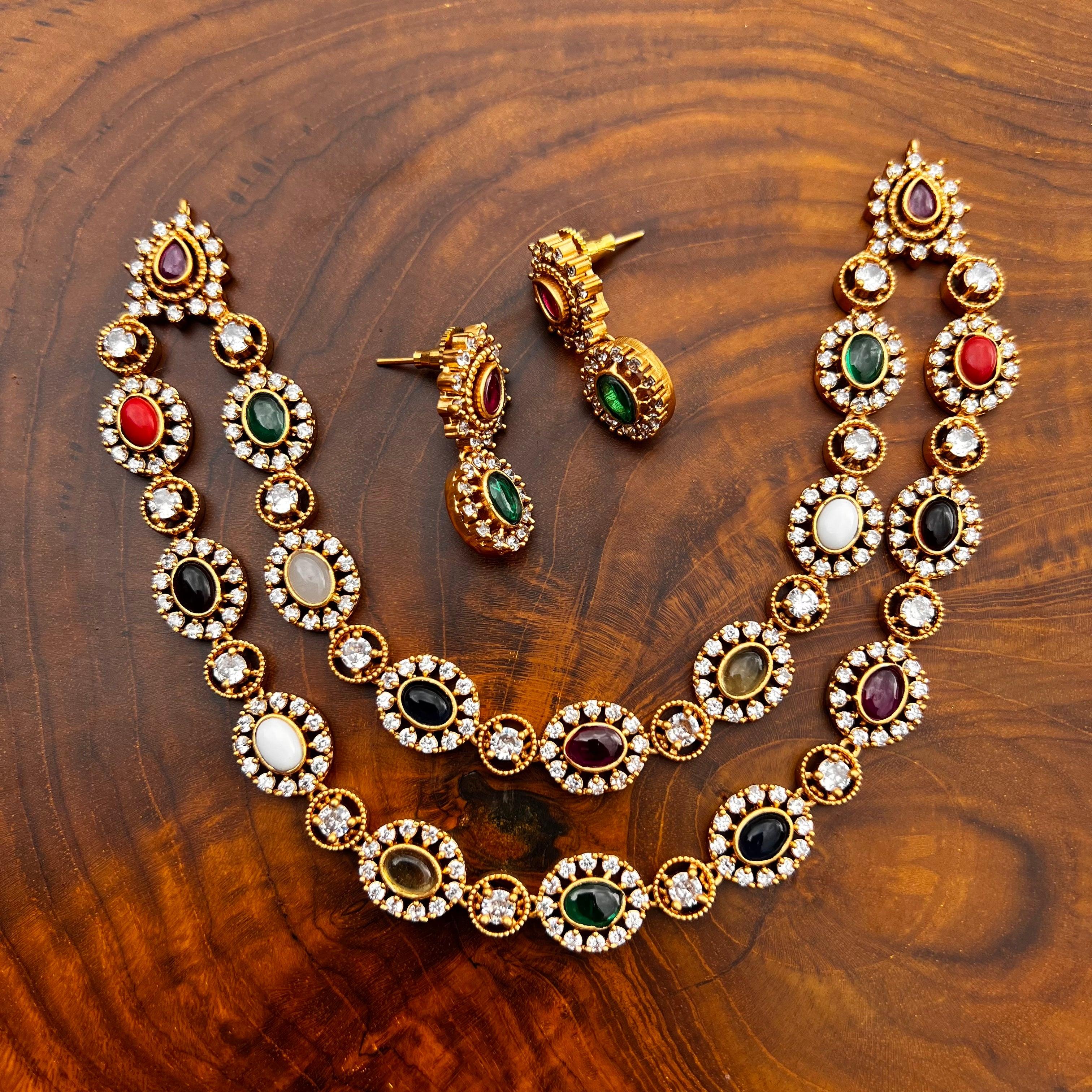 AD Matte Two Layer Navratna Necklace Set - Happy Pique 