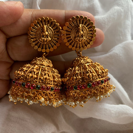 Matte Mahalakshmi Coin Bridal Jhumkas - Kemp - Red & Green