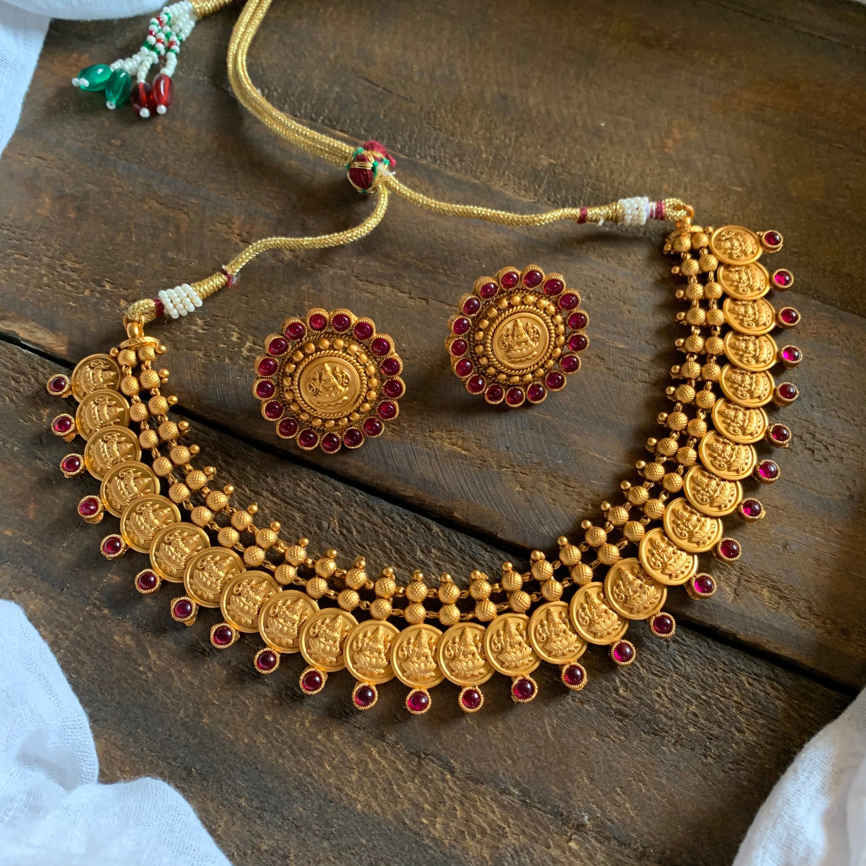 Matte Finish Mahalakshmi Coin Kemp Necklace - Red