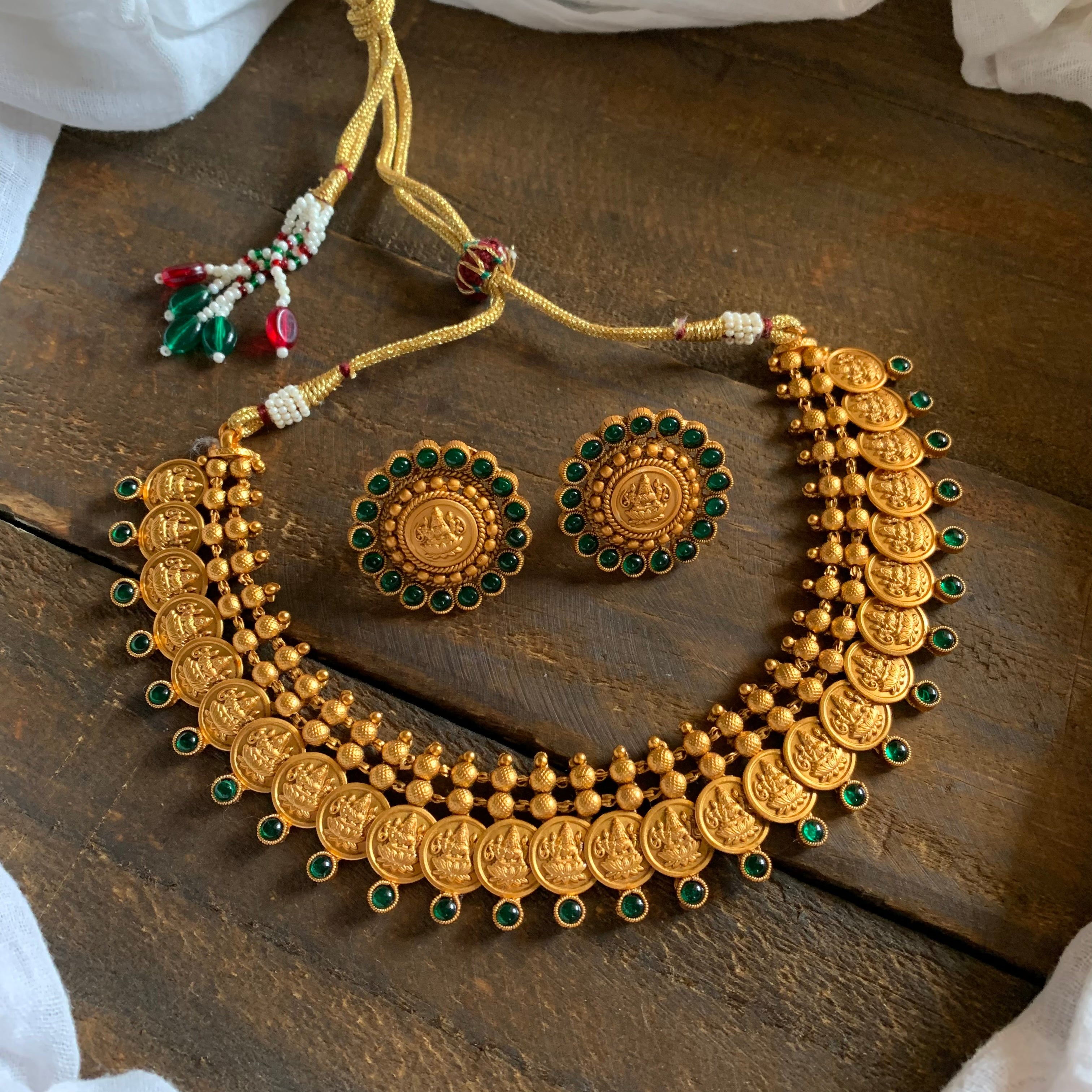 Matte Finish Mahalakshmi Coin Kemp Necklace Set- Green