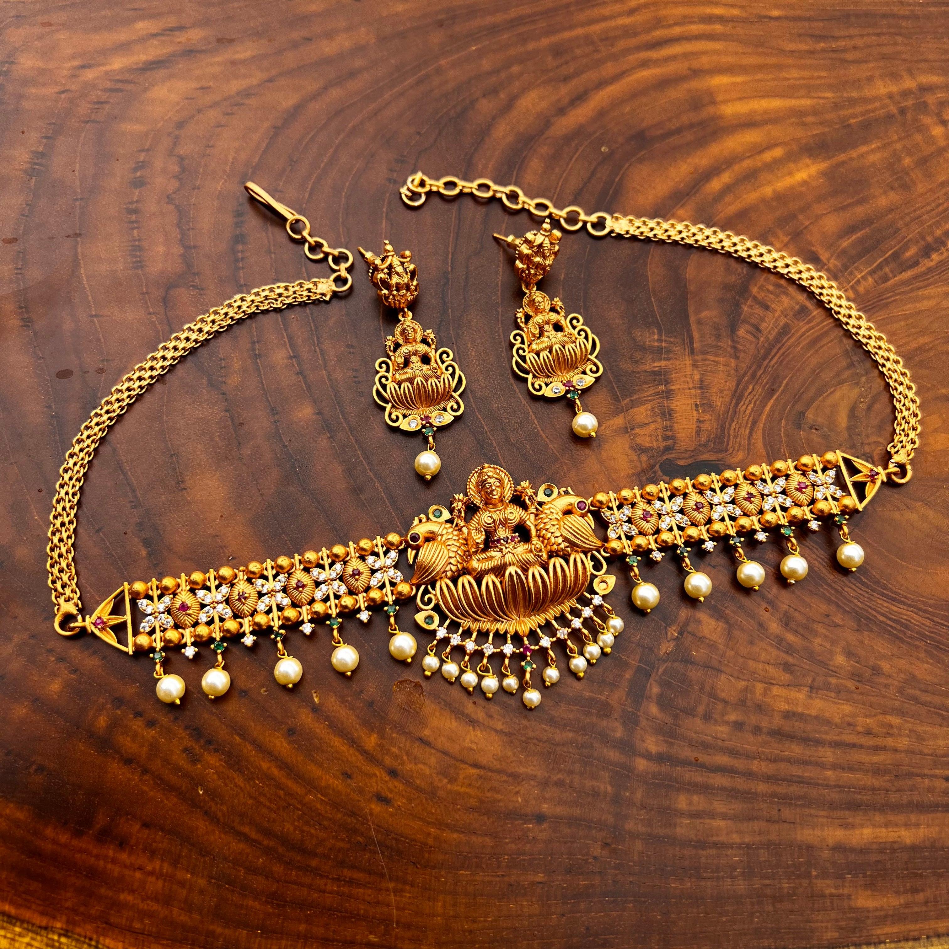 Antique Matte Mahalakshmi High Neck AD Choker Necklace Set- Happy Pique 