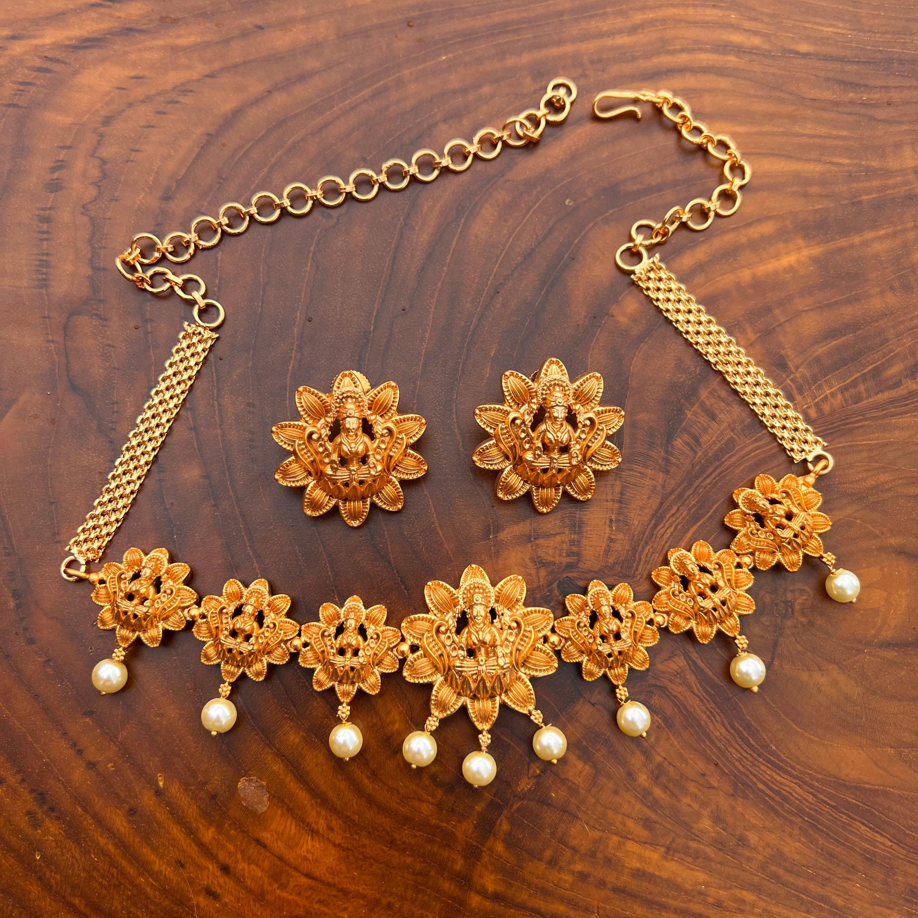 Antique Matte Lakshmi Flower Choker - Happy Pique 