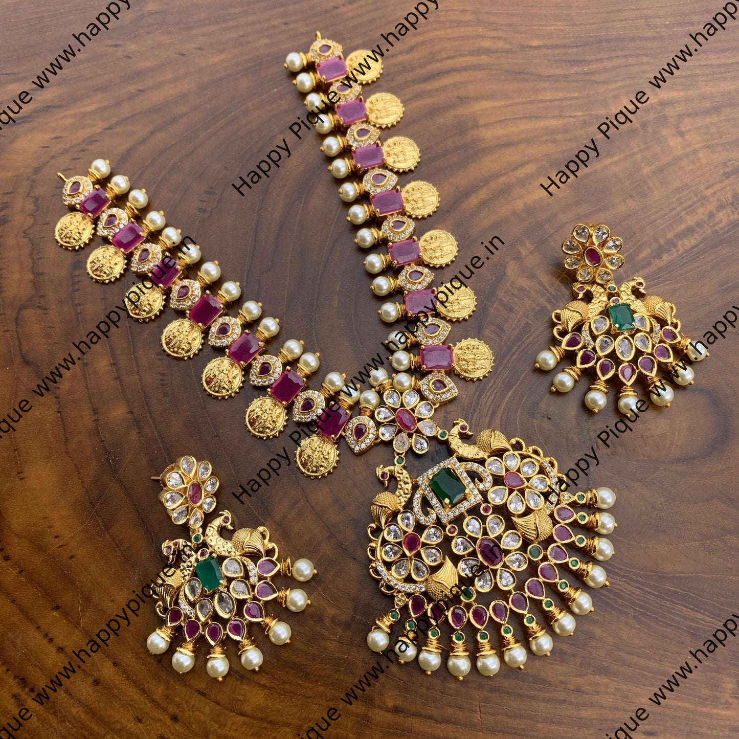 Micro Gold Polish AD Stones Studded Ram Parivar Kaasu Necklace - Happy Pique 