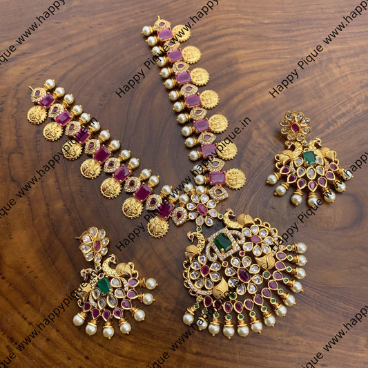 Micro Gold Polish AD Stones Studded Ram Parivar Kaasu Necklace - Happy Pique 