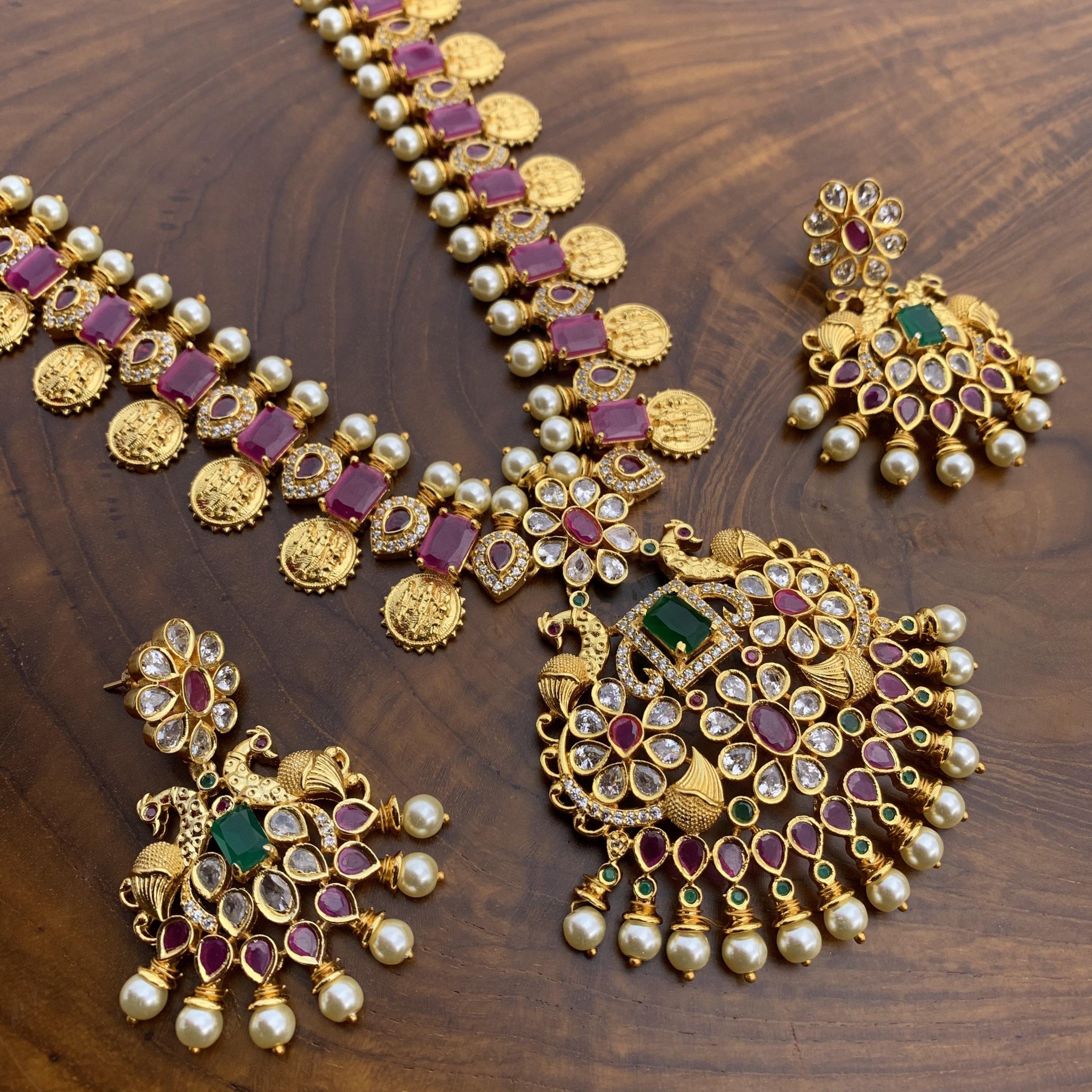 Micro Gold Polish AD Stones Studded Ram Parivar Kaasu Necklace - Happy Pique 