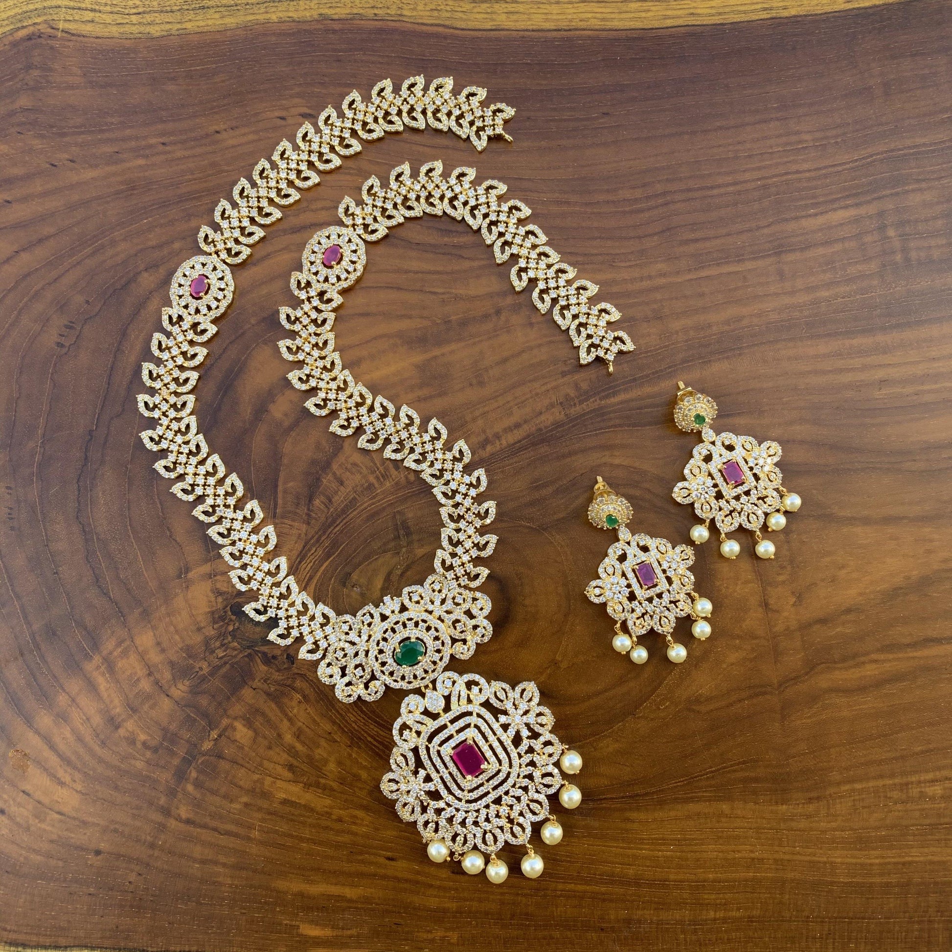 Heavy Bridal Micro Gold Polished AD Stones Studded Long Haaram Necklace Set - Happy Pique 