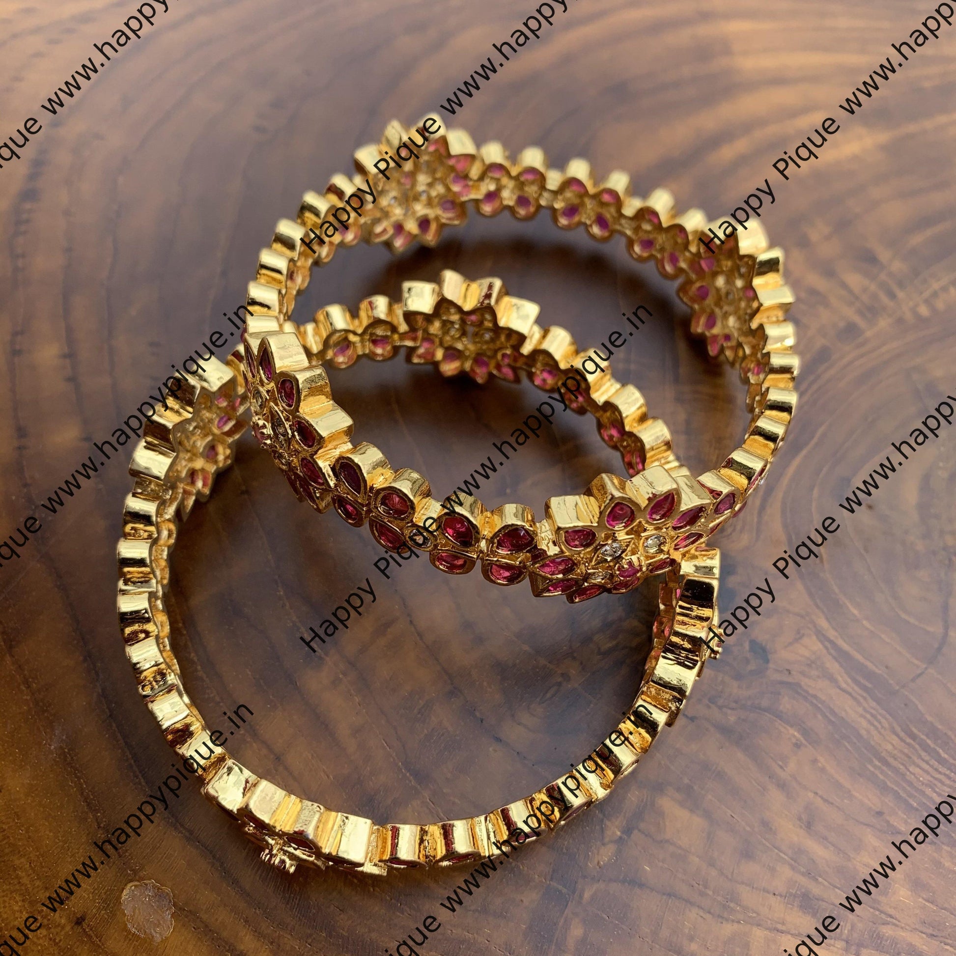 Real Kemp Stones Studded Gold Look Alike Flower Bangles - Rani - SIZE:  2.6 - Happy Pique 