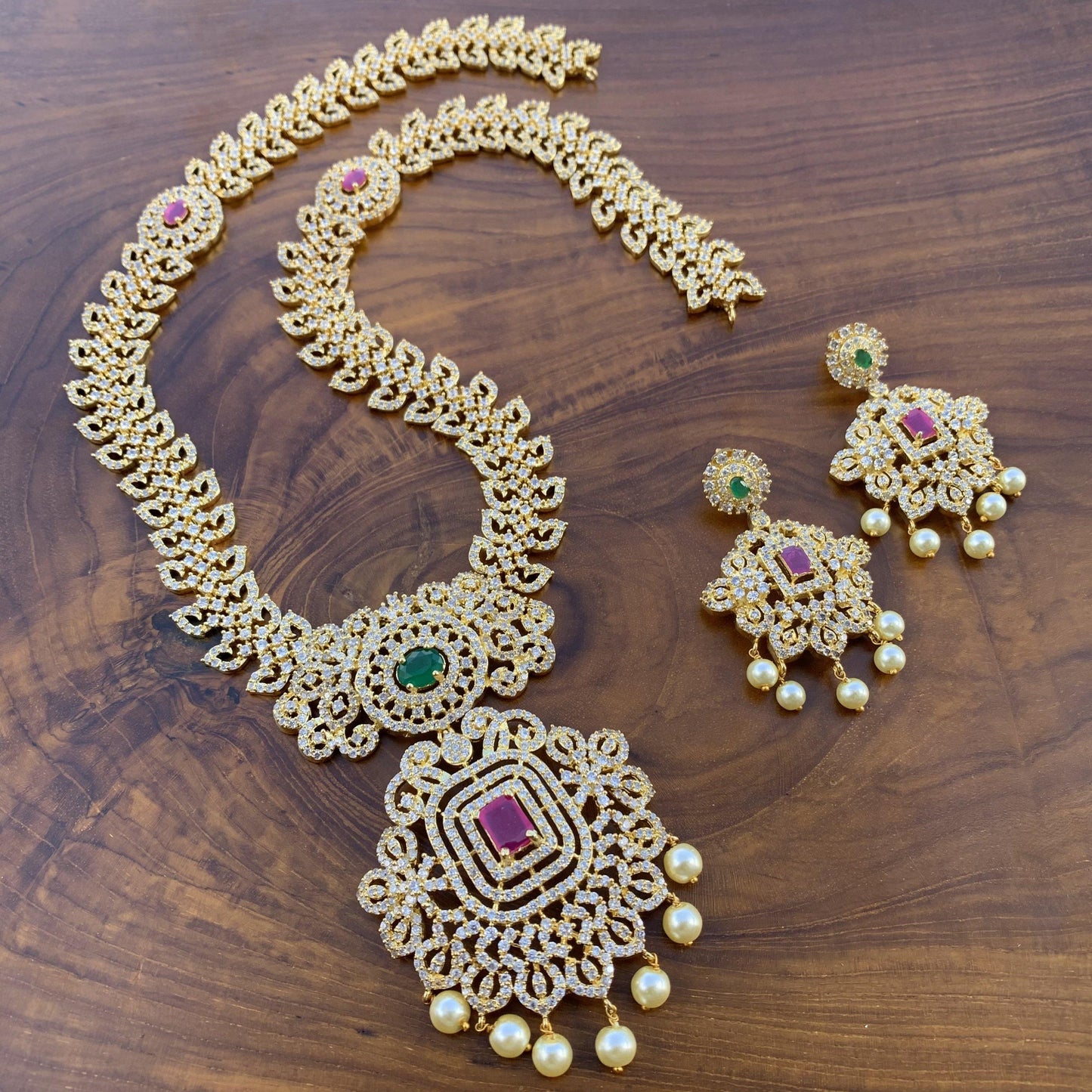 Heavy Bridal Micro Gold Polished AD Stones Studded Long Haaram Necklace Set - Happy Pique 