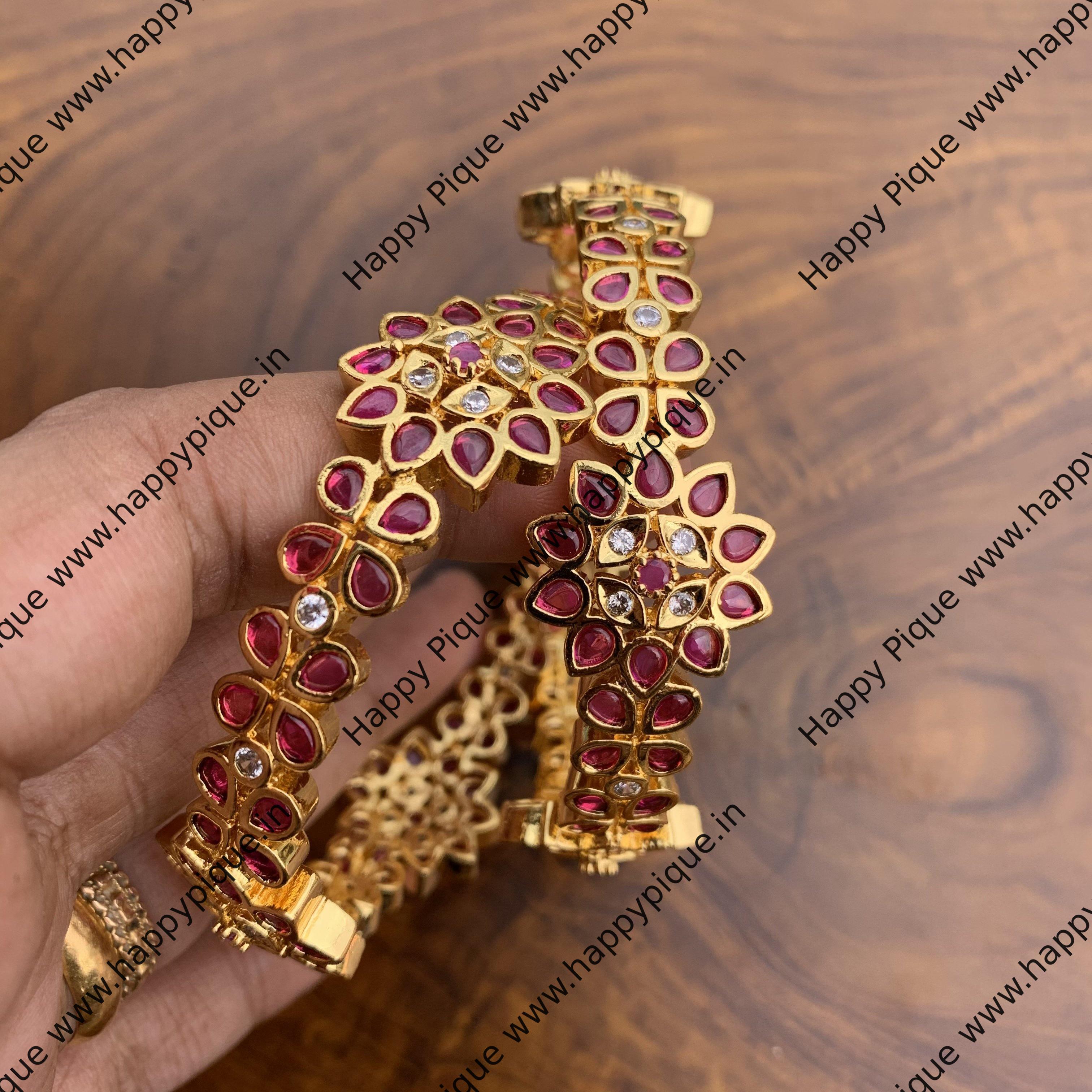 Real Kemp Stones Studded Gold Look Alike Flower Bangles - Rani - SIZE:  2.6 - Happy Pique 