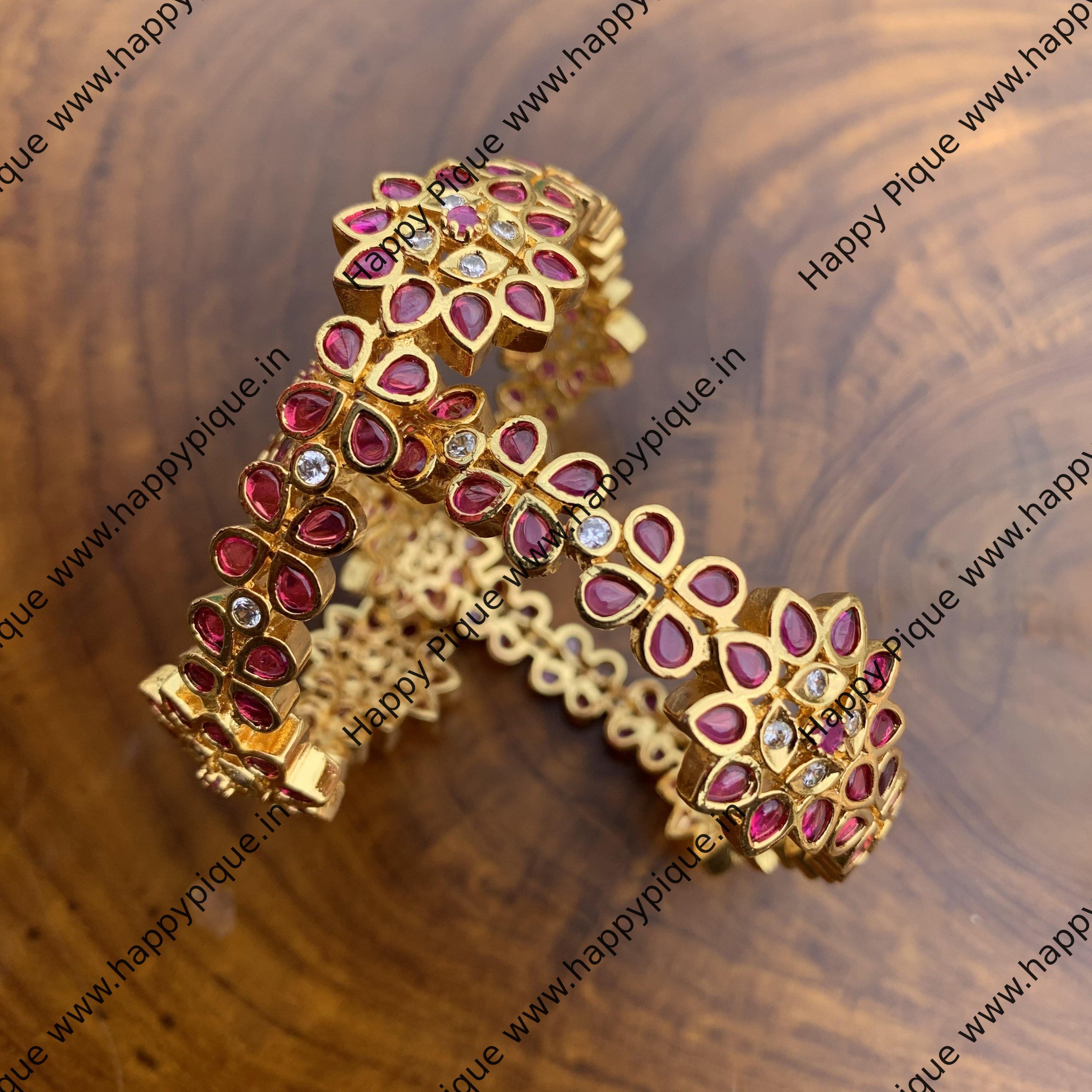 Real Kemp Stones Studded Gold Look Alike Flower Bangles - Rani - SIZE:  2.6 - Happy Pique 