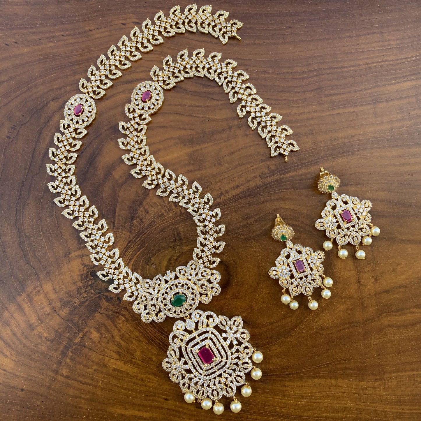 Heavy Bridal Micro Gold Polished AD Stones Studded Long Haaram Necklace Set - Happy Pique 