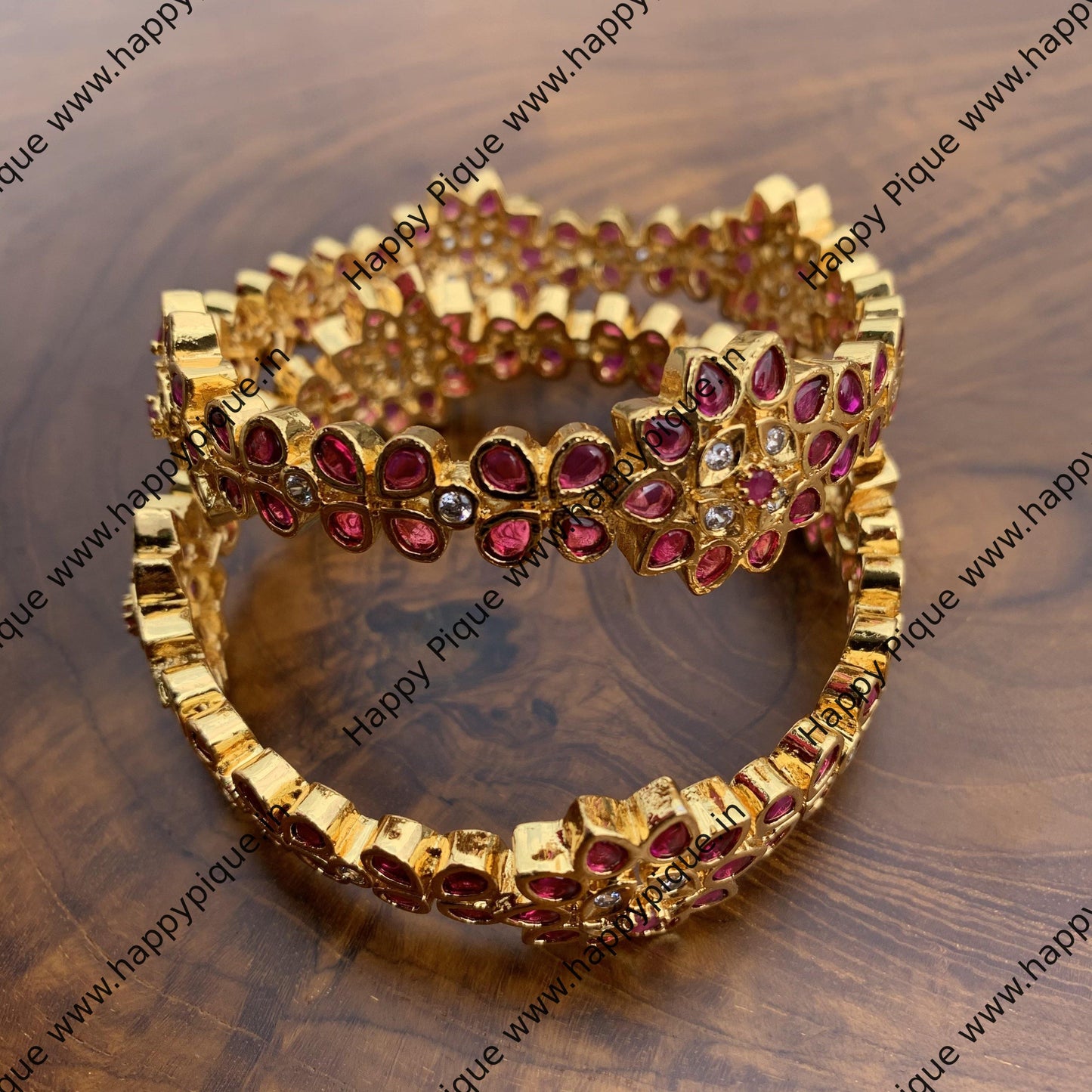 Real Kemp Stones Studded Gold Look Alike Flower Bangles - Rani - SIZE:  2.6 - Happy Pique 