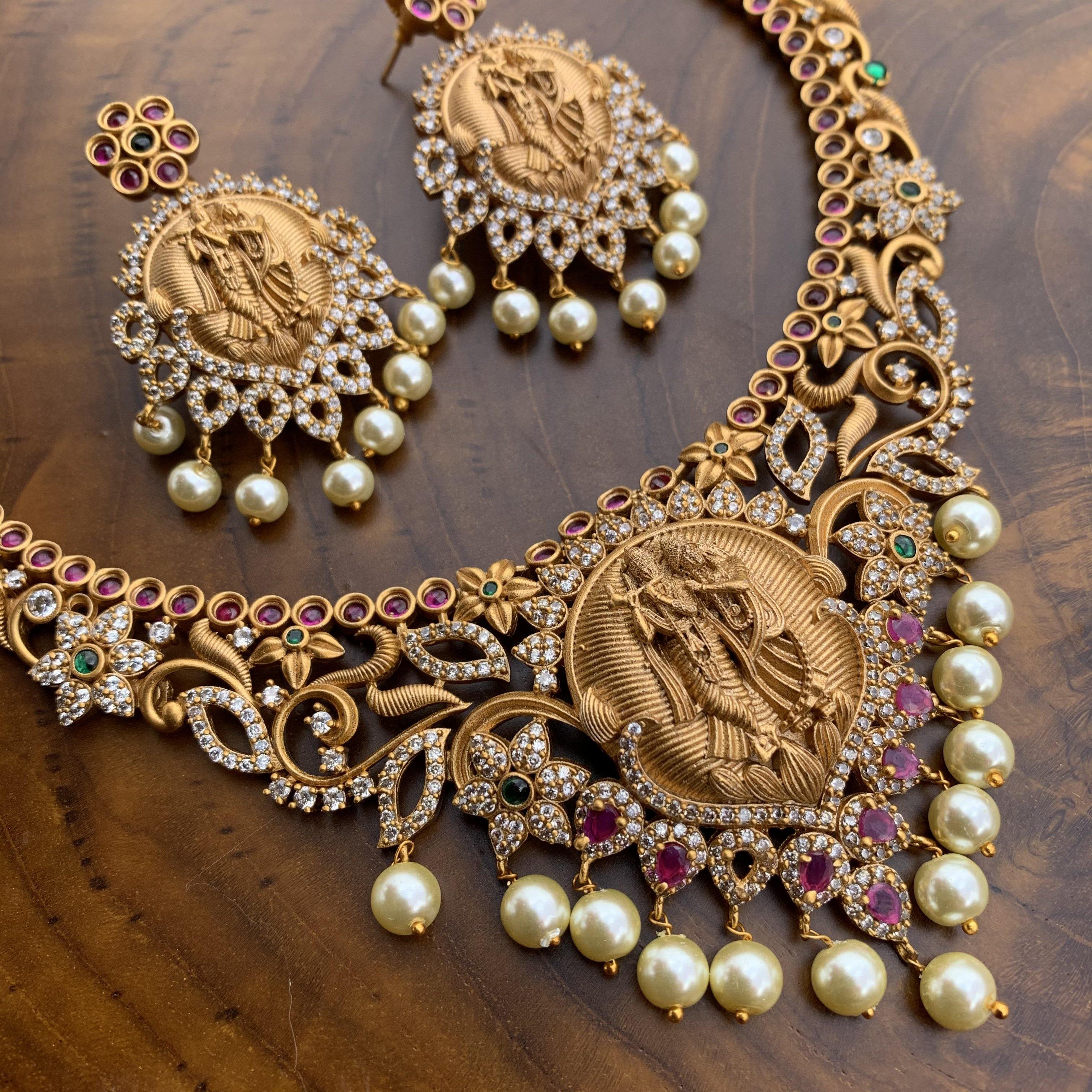 Matte Finish Radhe Krishana AD & Kemp Stones Studded Necklace - Happy Pique 