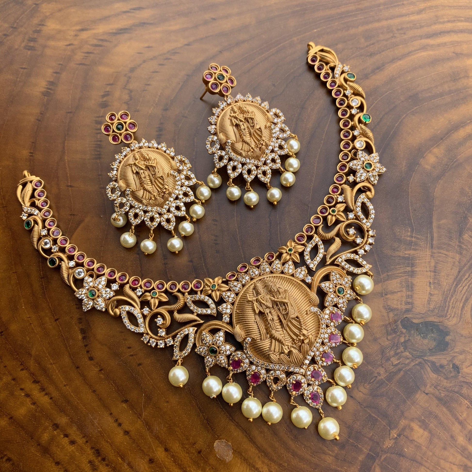 Matte Finish Radhe Krishana AD & Kemp Stones Studded Necklace - Happy Pique 