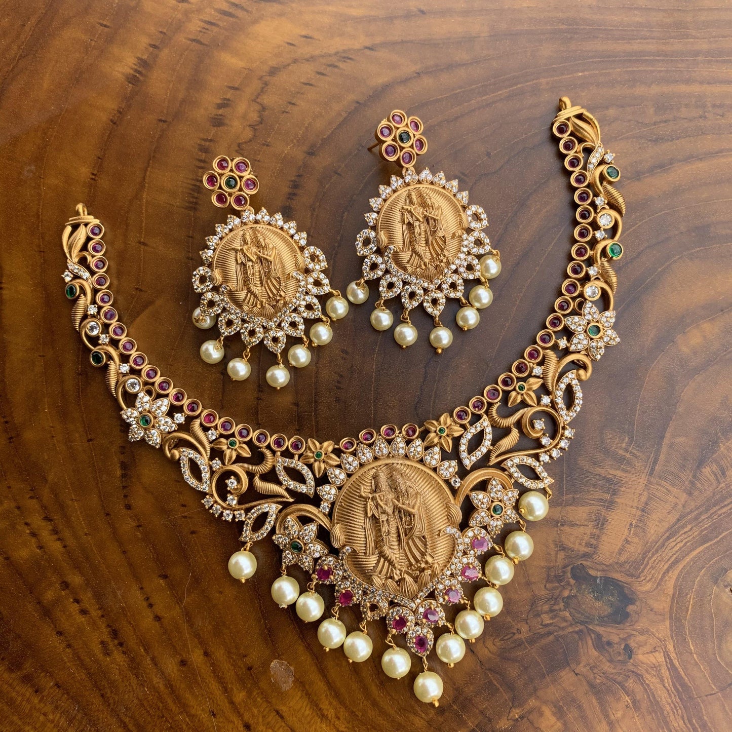 Matte Finish Radhe Krishana AD & Kemp Stones Studded Necklace - Happy Pique 