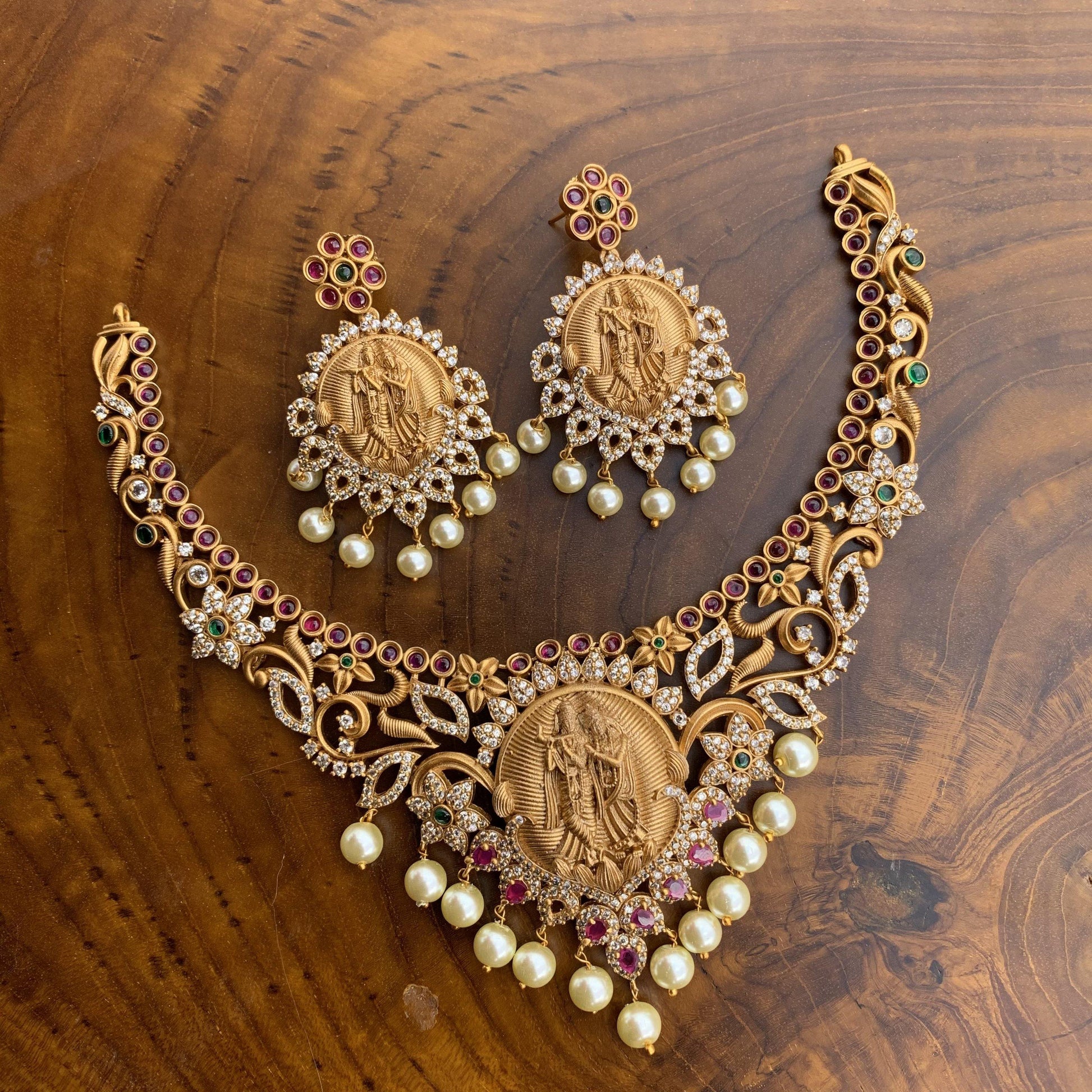 Matte Finish Radhe Krishana AD & Kemp Stones Studded Necklace - Happy Pique 