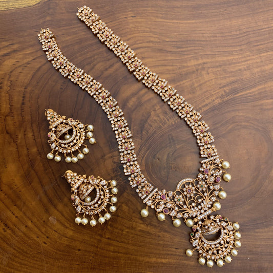 Long AD Stones Studded Designer Chaand Haaram Necklace Set - Happy Pique 