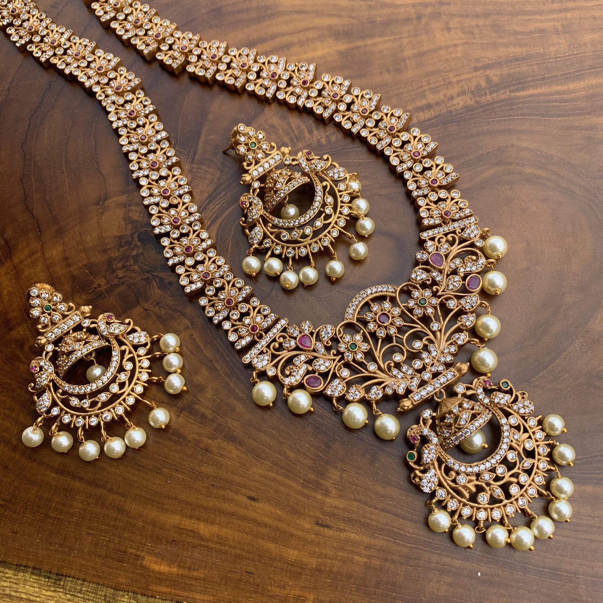 Long AD Stones Studded Designer Chaand Haaram Necklace Set - Happy Pique 