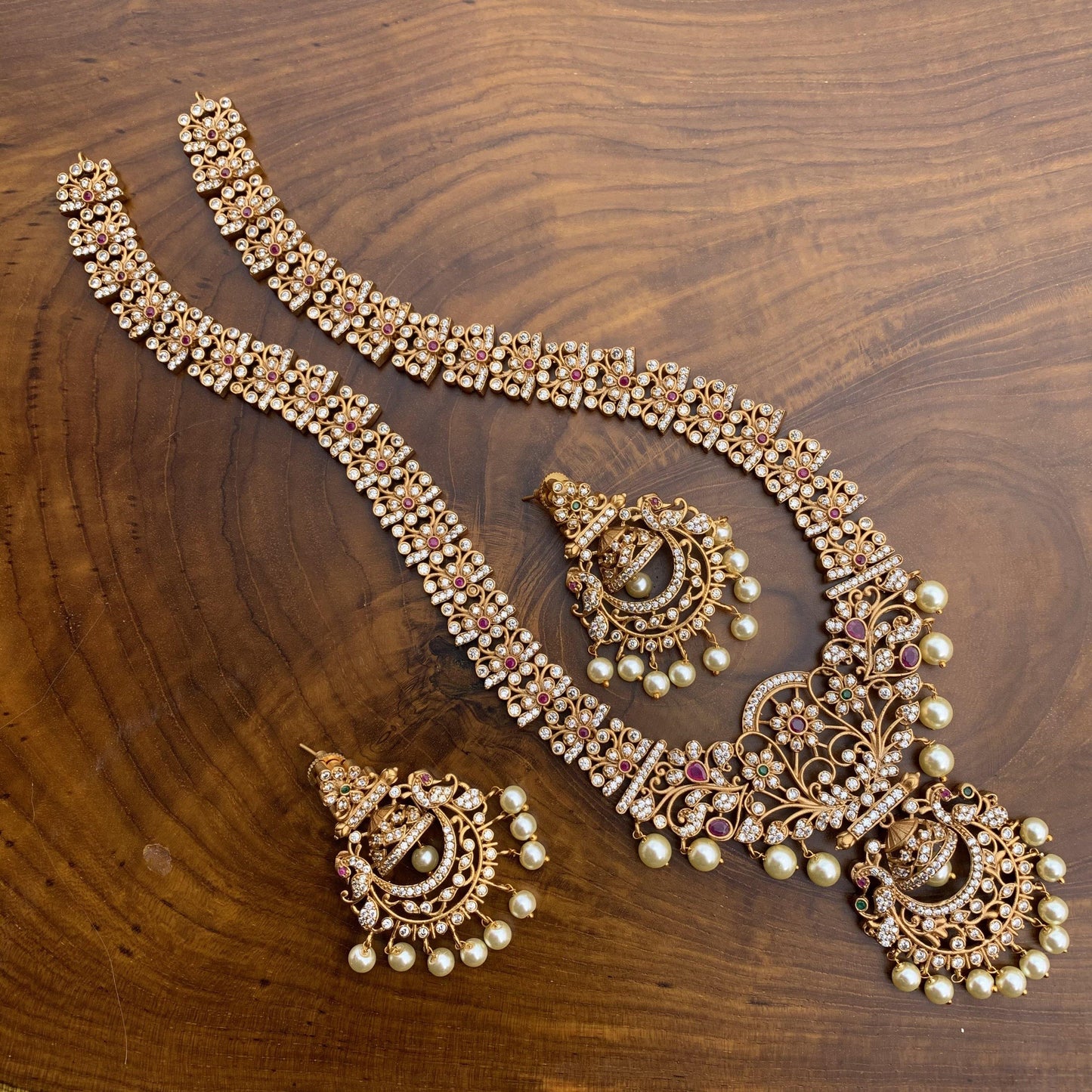 Long AD Stones Studded Designer Chaand Haaram Necklace Set - Happy Pique 