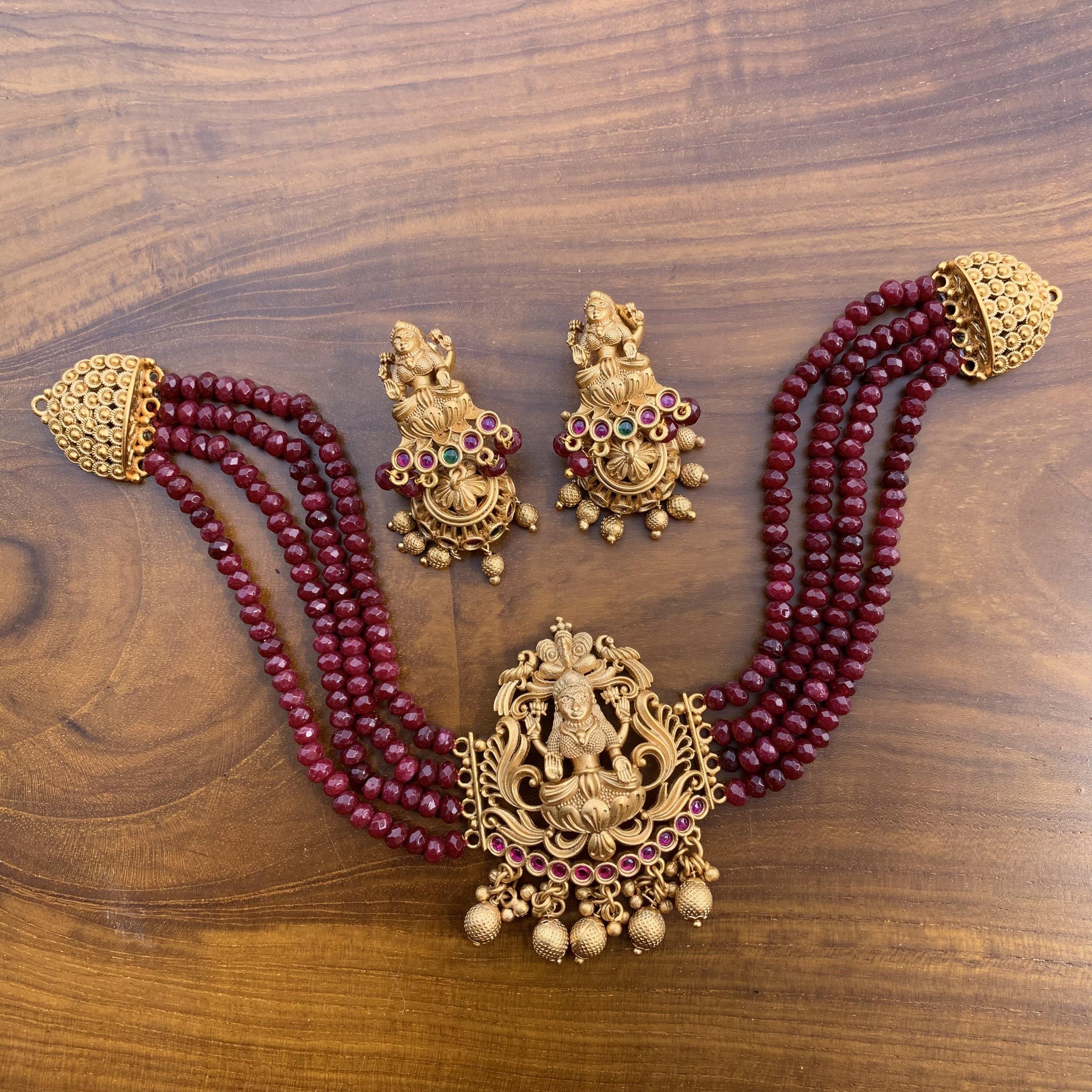 Matte Finish Lakshmi Pendant Set Beaded High Neck Choker - Happy Pique 