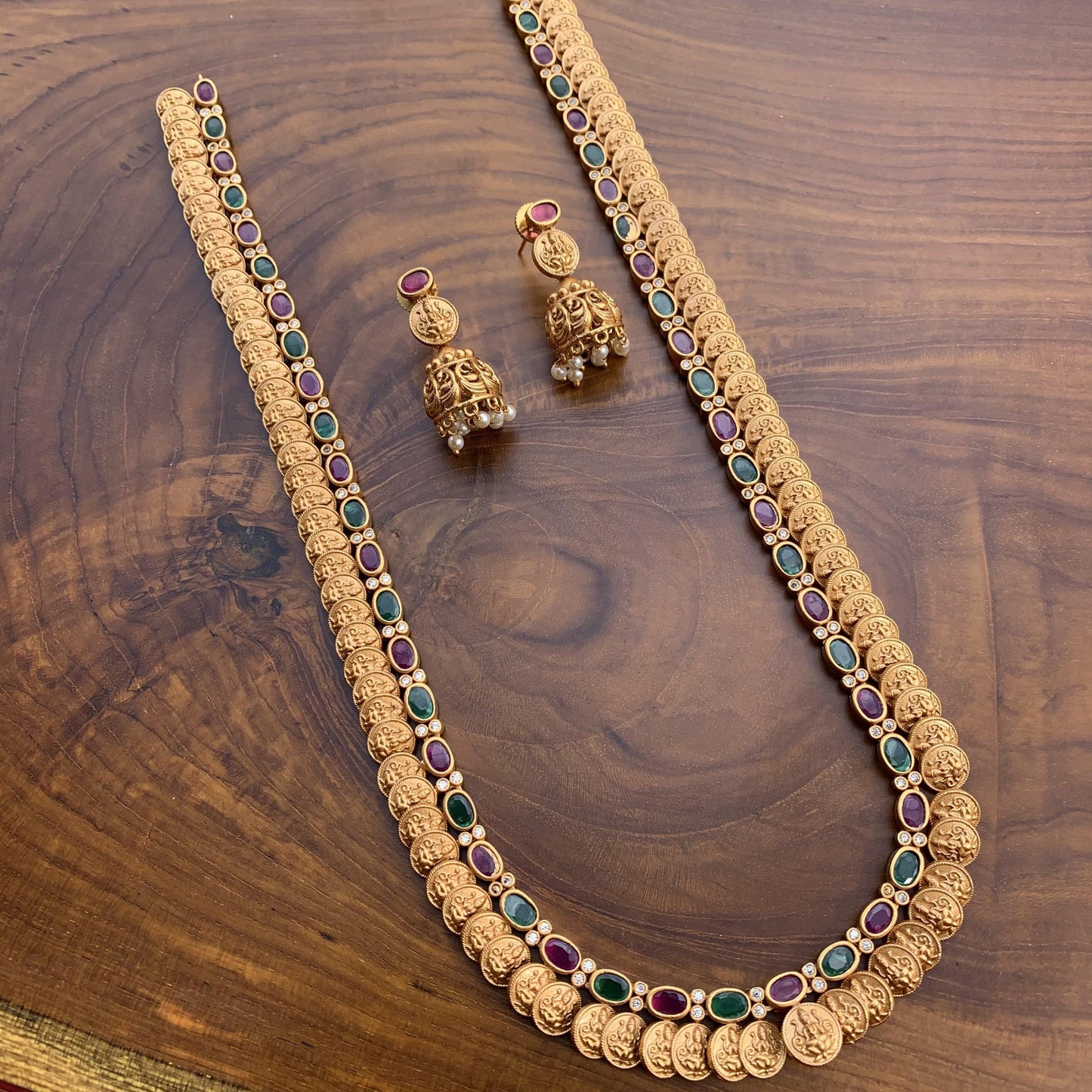 Matte Finish Long AD Stones Studded Lakshmi Kaasu Haaram - Red & Green - Happy Pique 