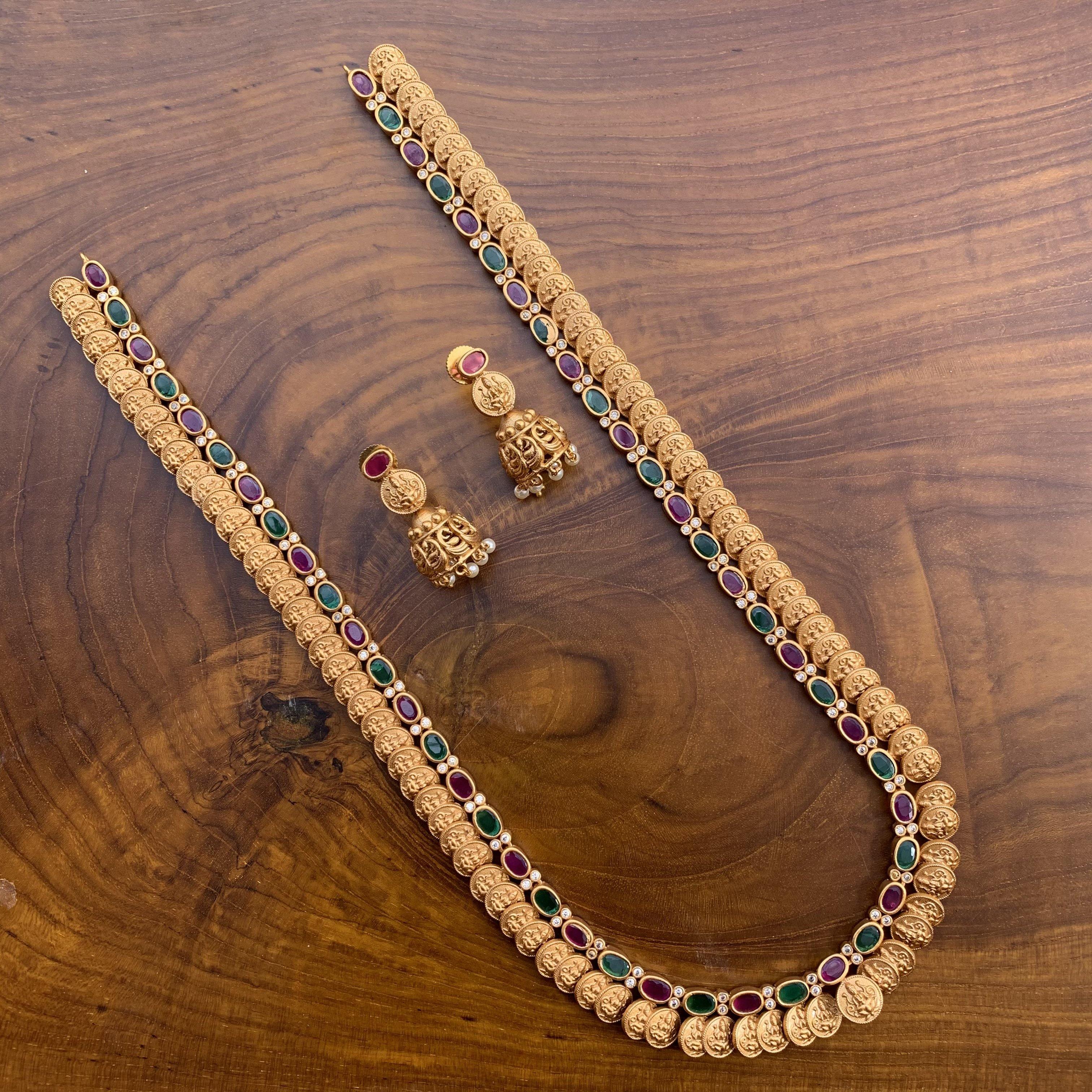 Matte Finish Long AD Stones Studded Lakshmi Kaasu Haaram - Red & Green - Happy Pique 