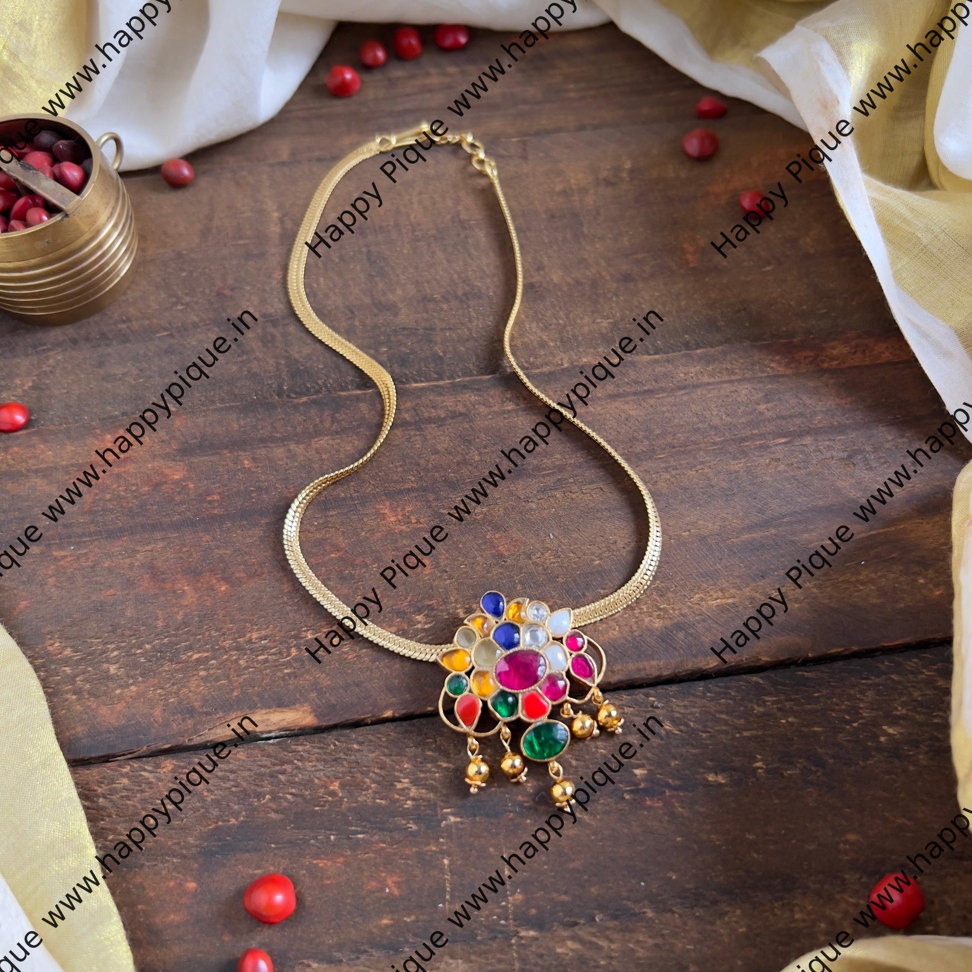 Traditional Navarathna Gold Plated Jadau Kundan Pendant Chain