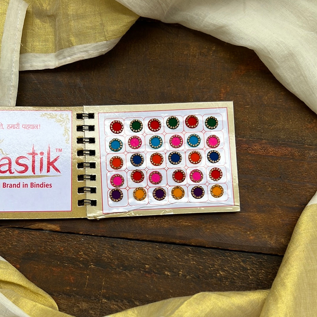 Full Stone Border Multicolour Fancy Velvet Bridal Bindis Sticker Kumkum Spiral Book - Size 14 - Swastik