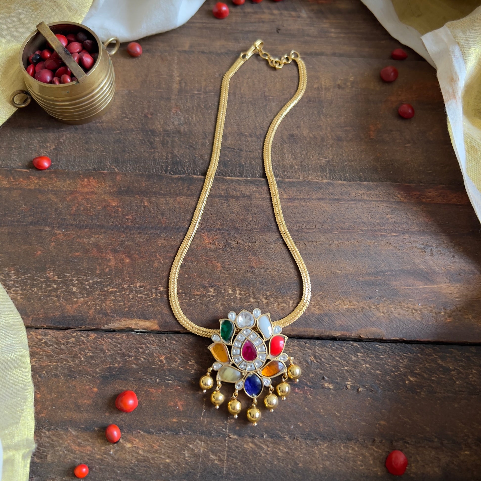 Gold Plated Navarathna Lotus Jadau Kundan Pendants Chain