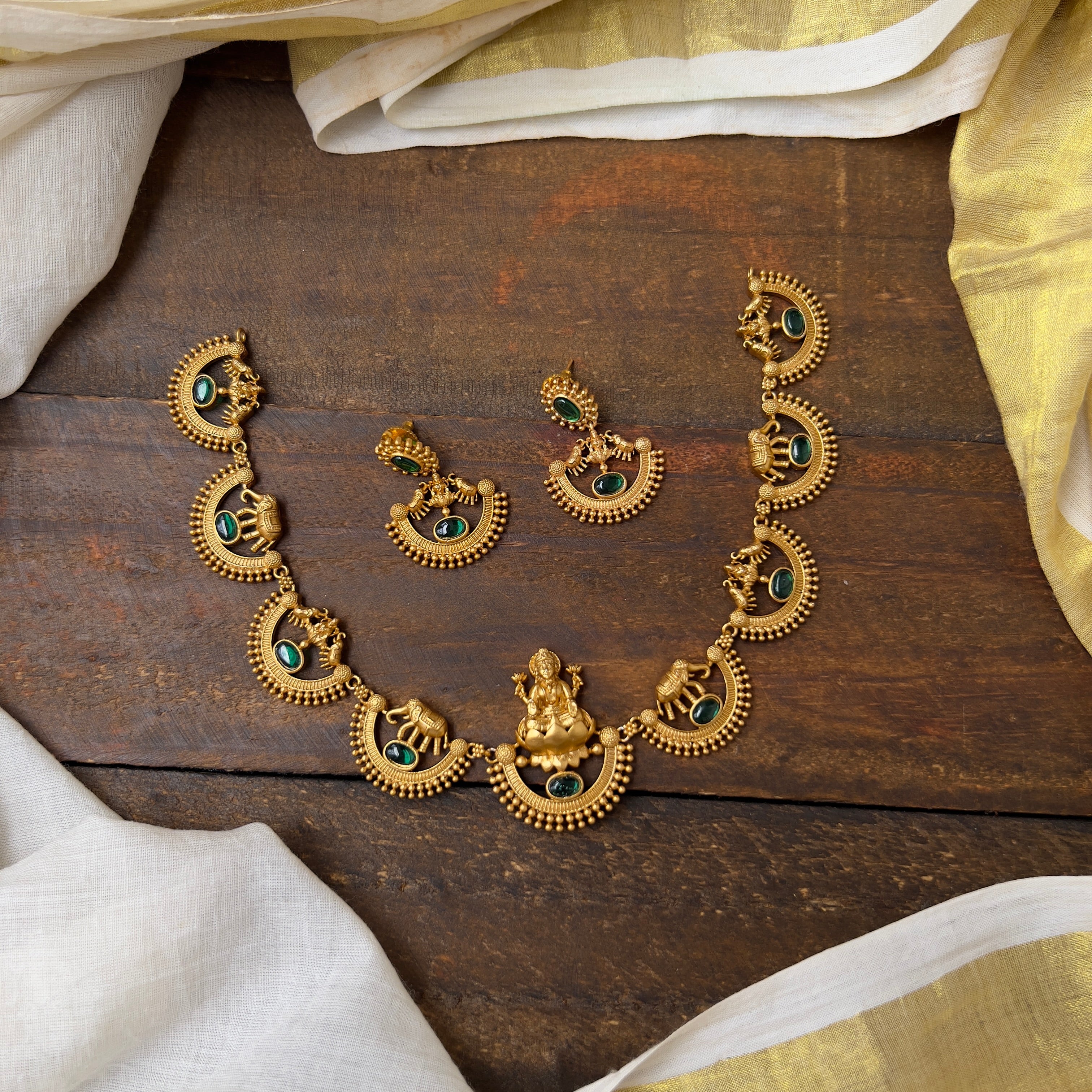 Gold Look Mahalakshmi Devi & Elephants Necklace - Green