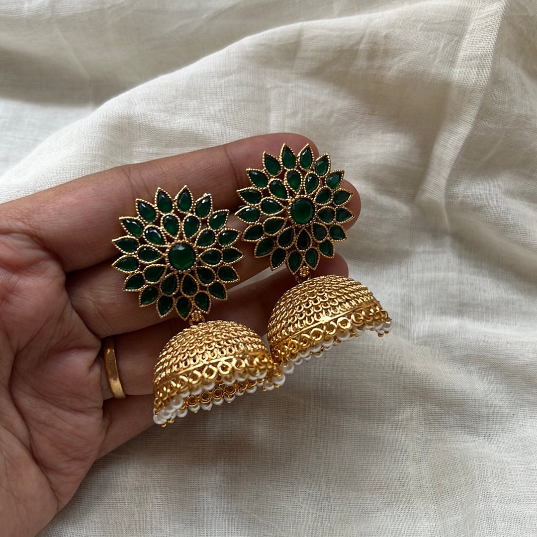 Light Weight Flower Stud AD Jhumkas - Green