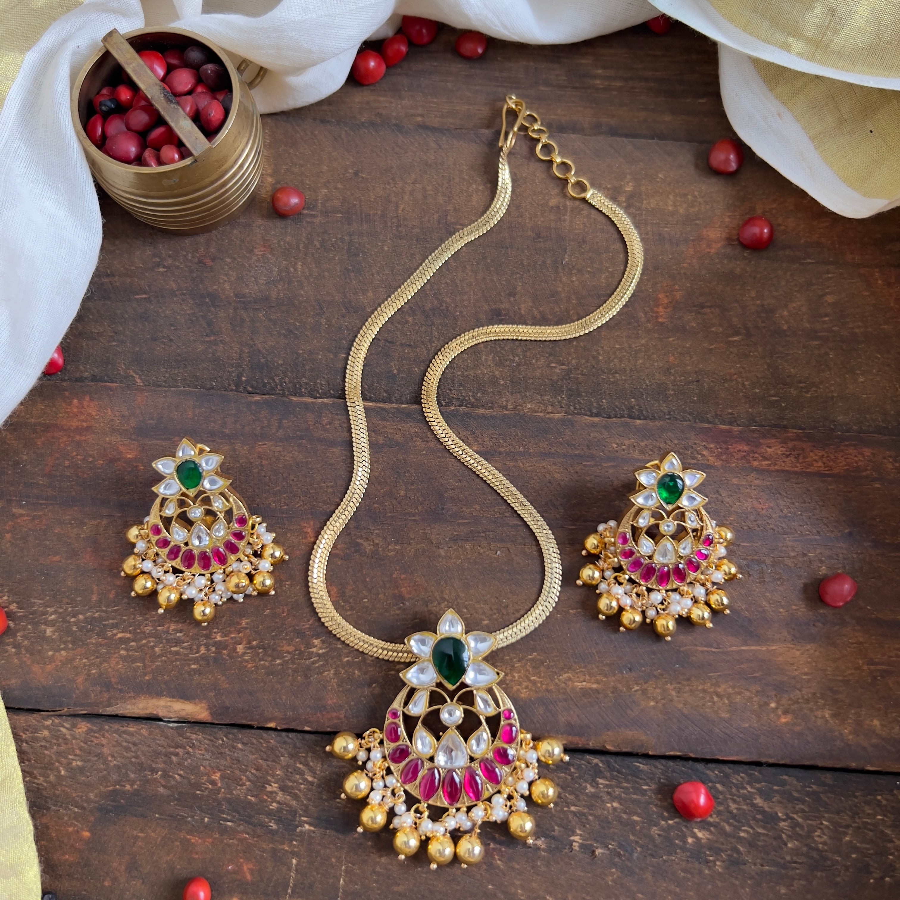 Gold Plated Navarathna Lotus Jadau Kundan Pendants Chain