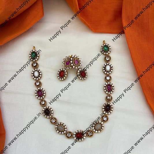 Single Line Kids Friendly AD Navarathna Necklace Set - Hotselling Premium Light weight Jewellery