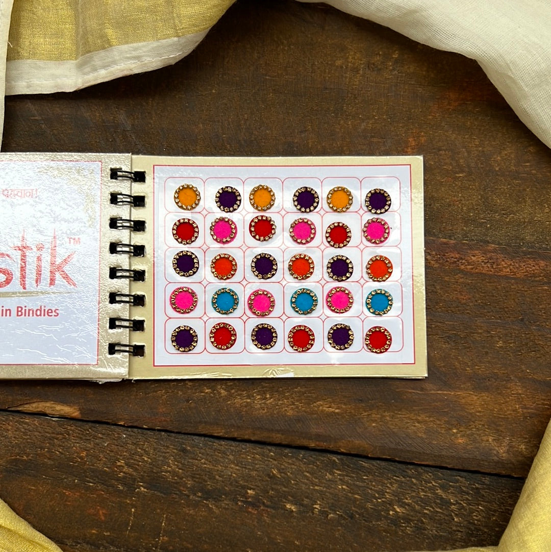 Full Stone Border Multicolour Fancy Velvet Bridal Bindis Sticker Kumkum Spiral Book - Size 14 - Swastik