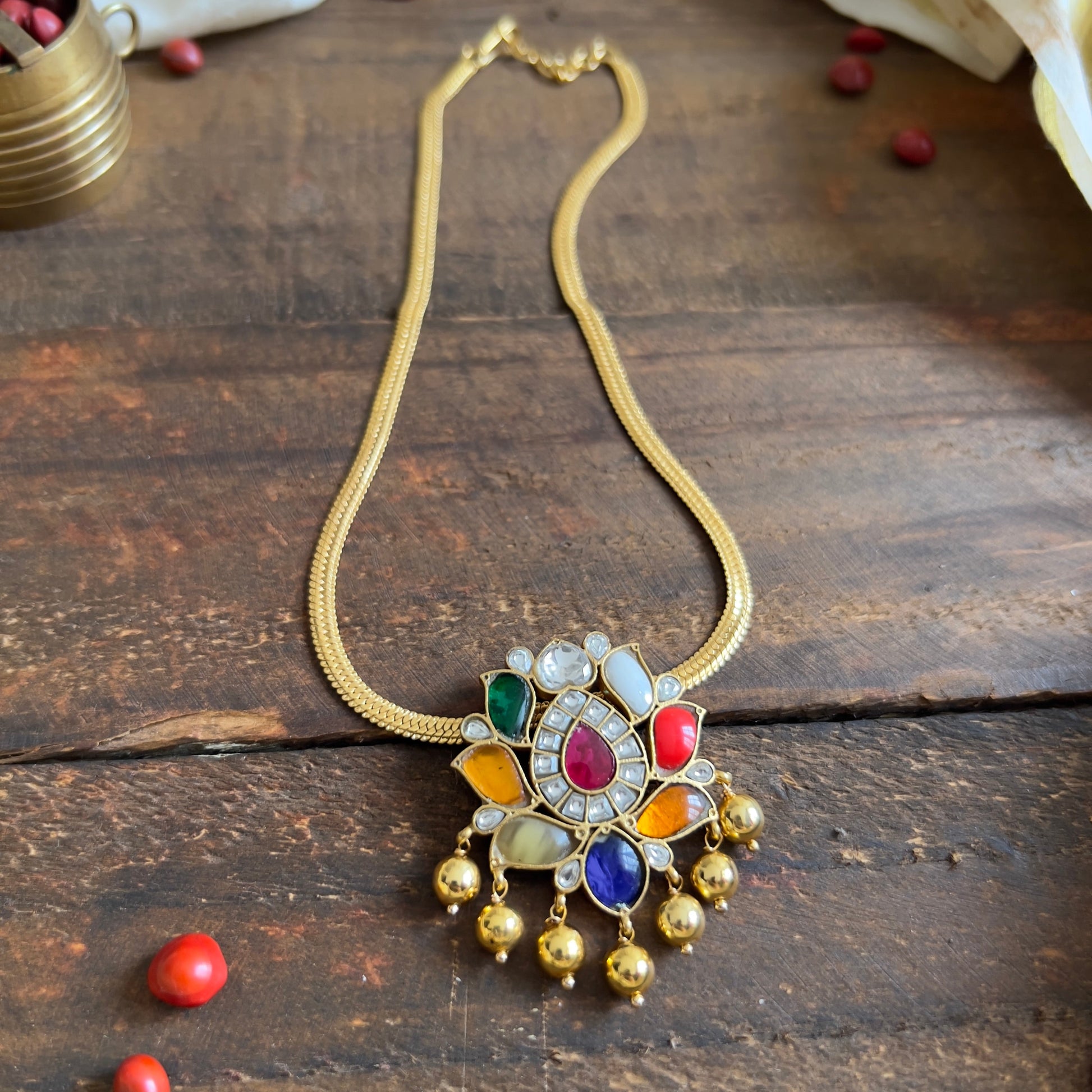 Gold Plated Navarathna Lotus Jadau Kundan Pendants Chain