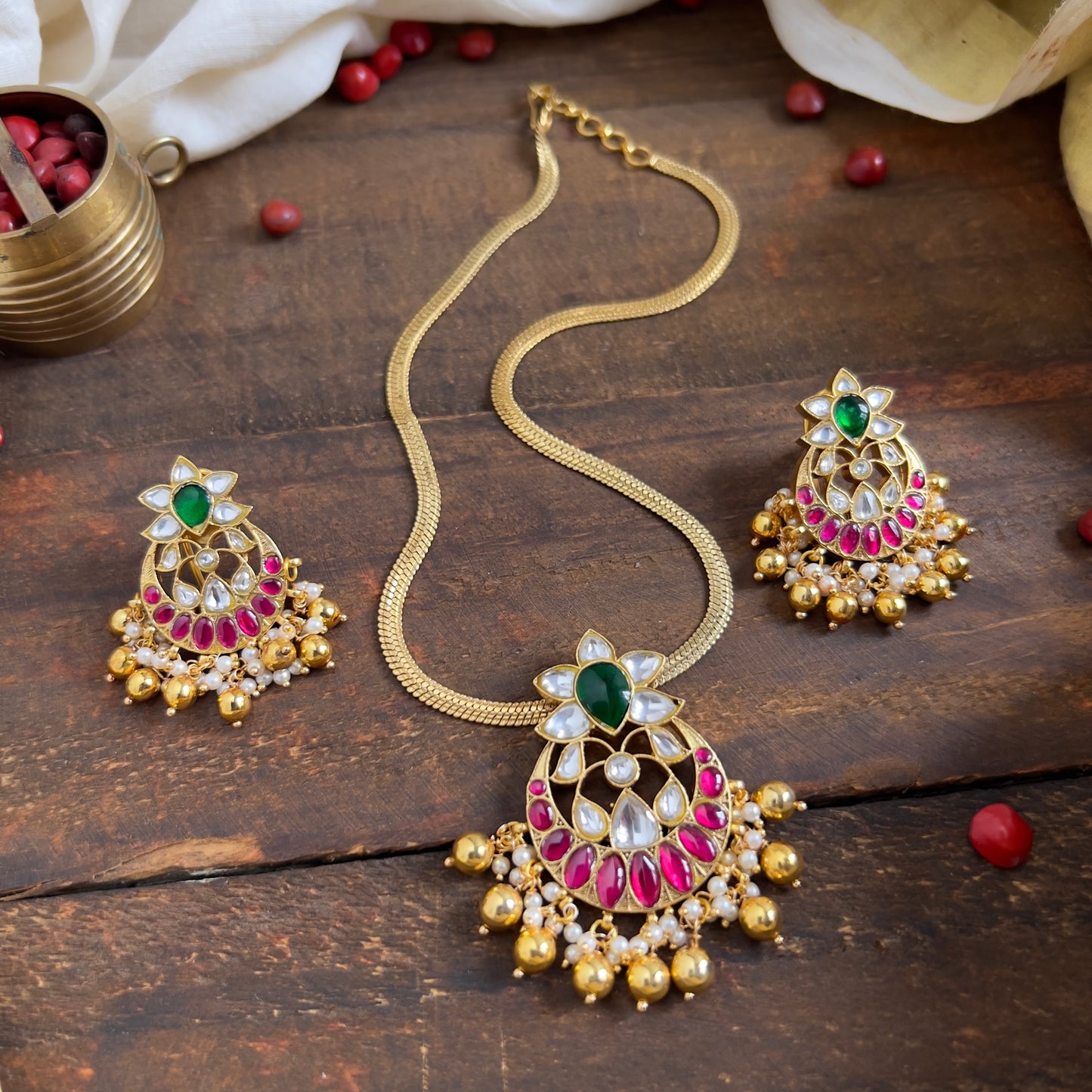 Gold Plated Navarathna Lotus Jadau Kundan Pendants Chain